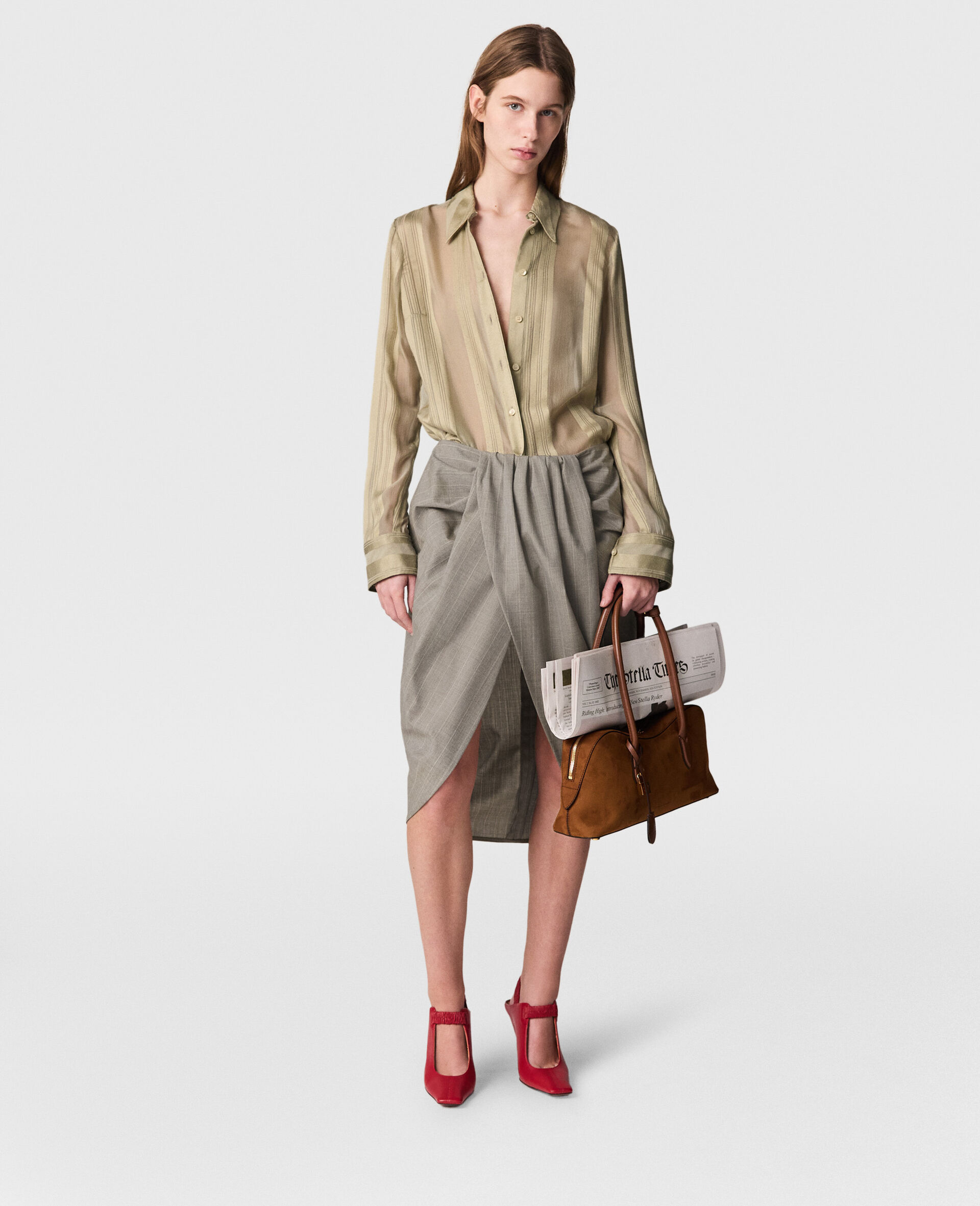 Ruched Wrapped Pinstripe Midi Skirt