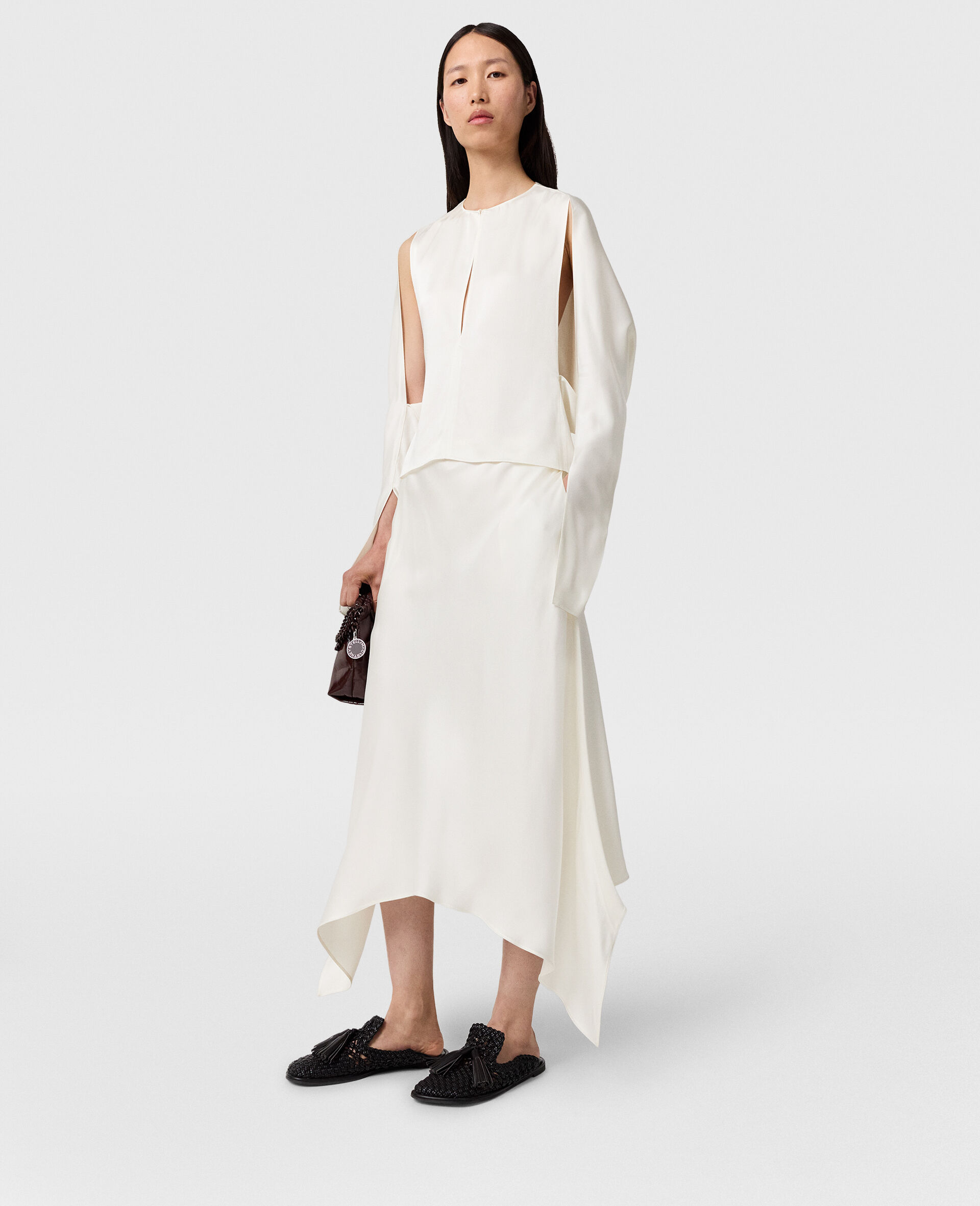 Curved Hem Satin Midi Skirt