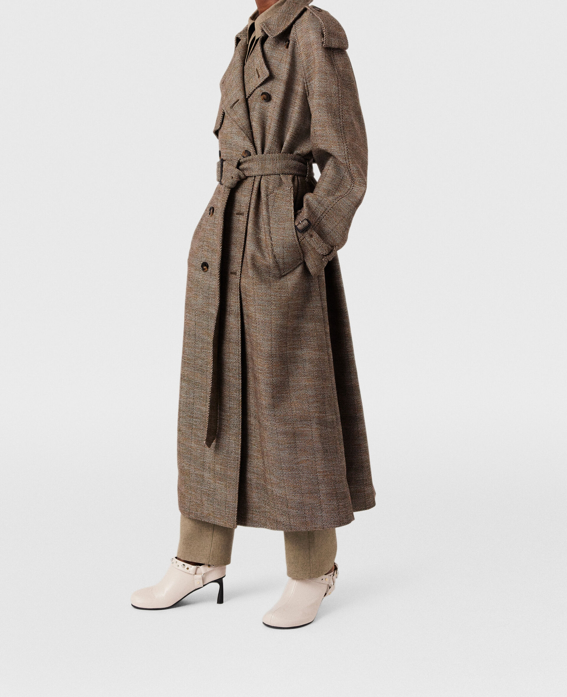 Belted Herringbone Trench Coat