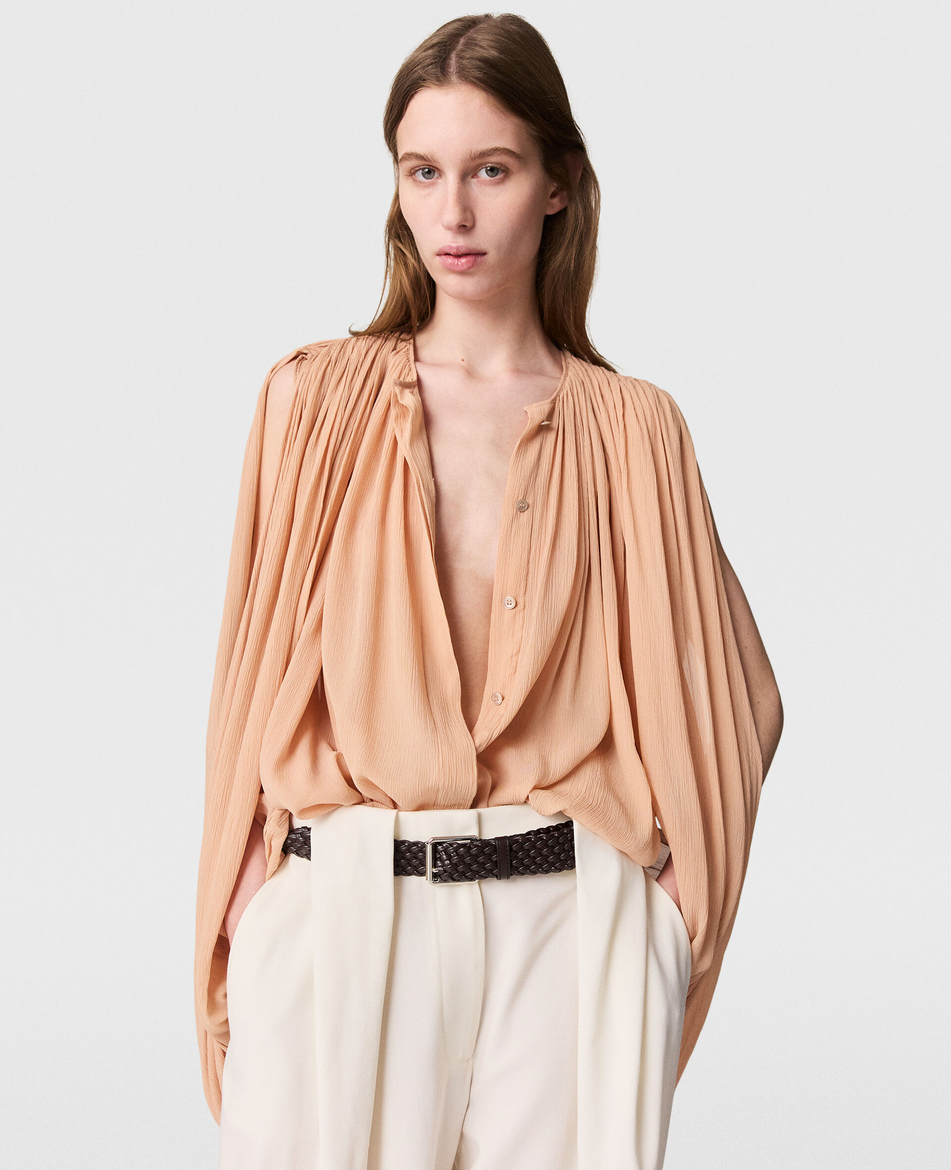 Pleated Cape-Sleeve Top