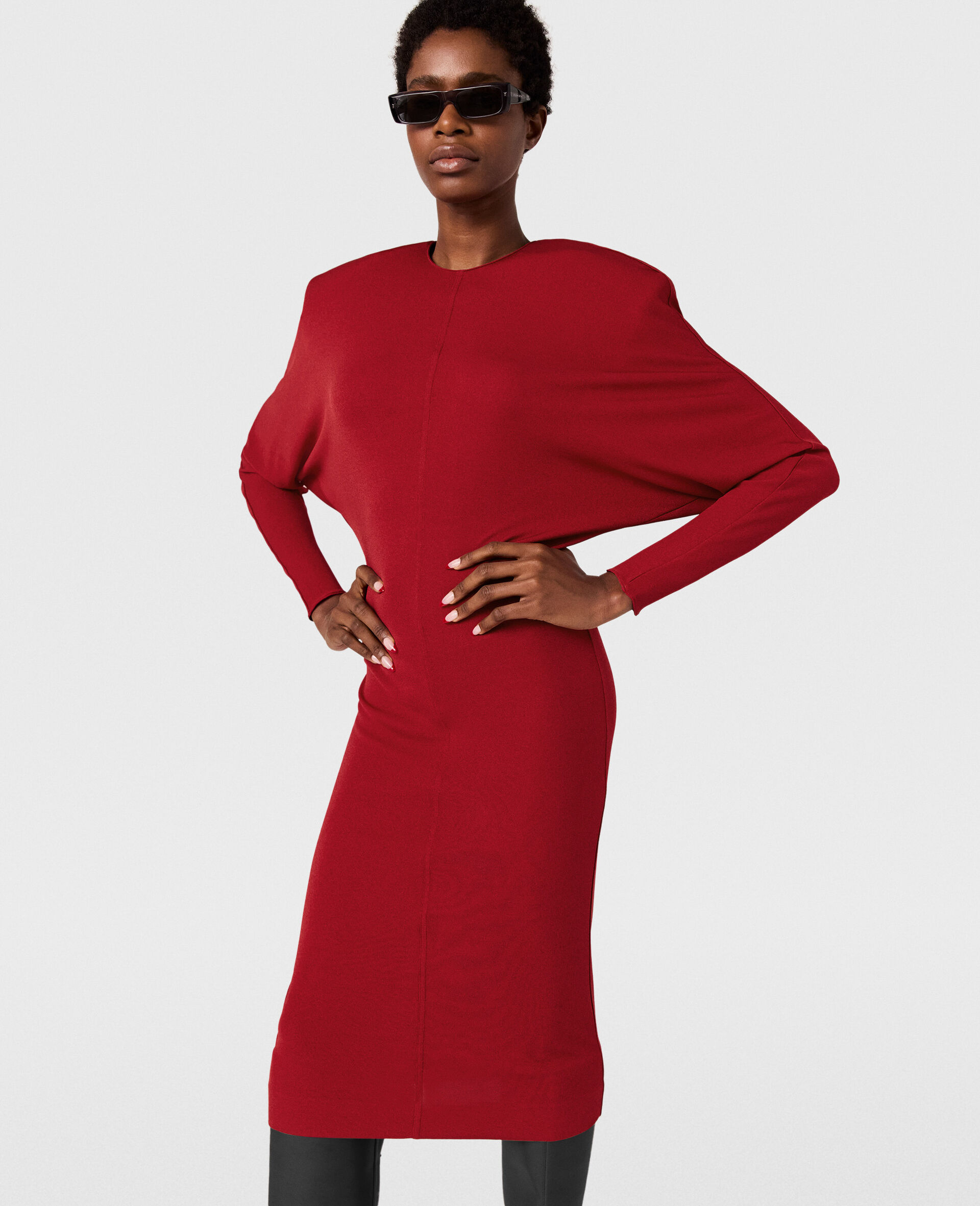 Shoulder Pad Long-Sleeved Midi Dress