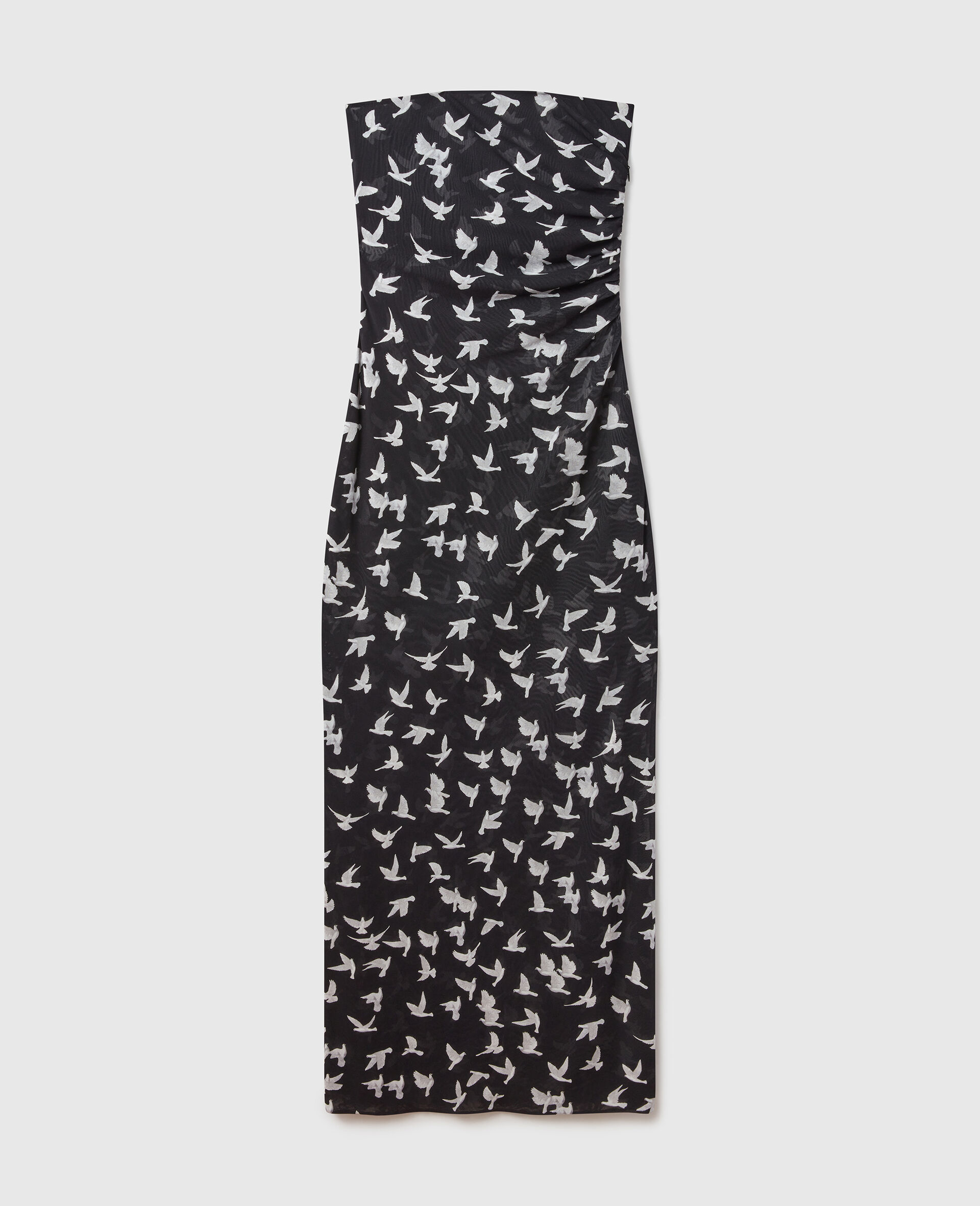 Dove Print Mesh Strapless Midi Dress