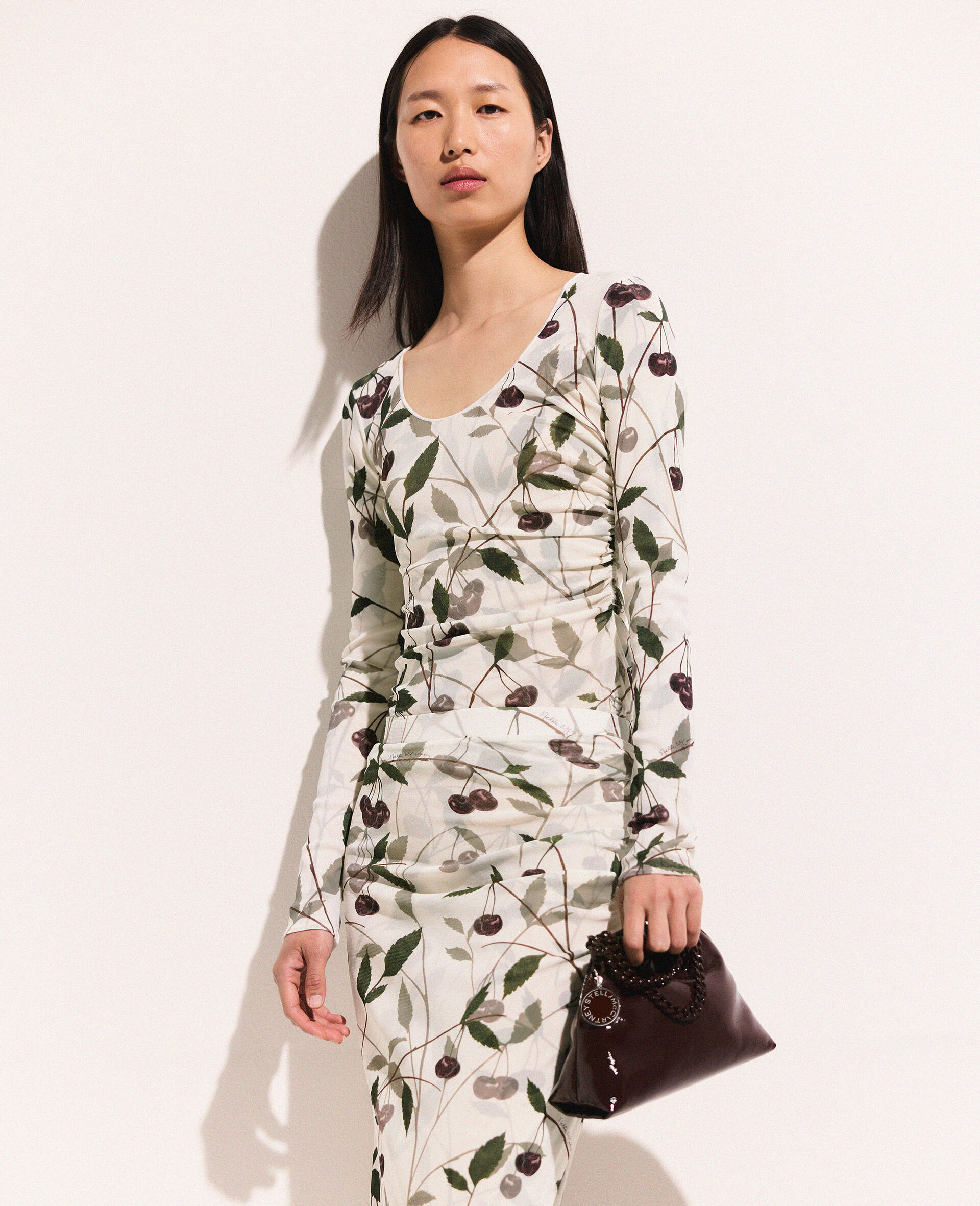Cherry Print Mesh Long Sleeve Top