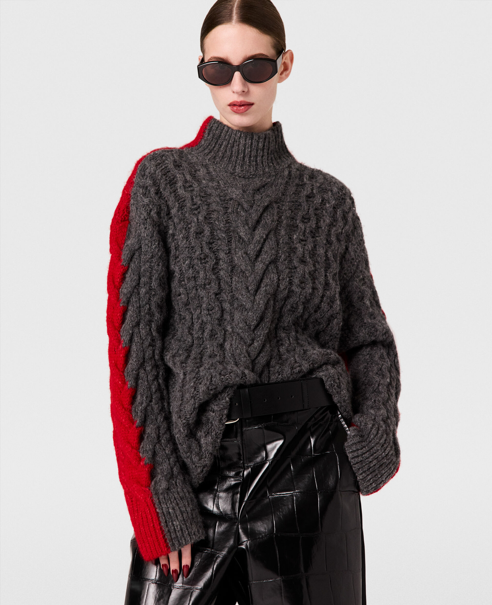 Laced Sleeves CableKnit Turtleneck Sweater