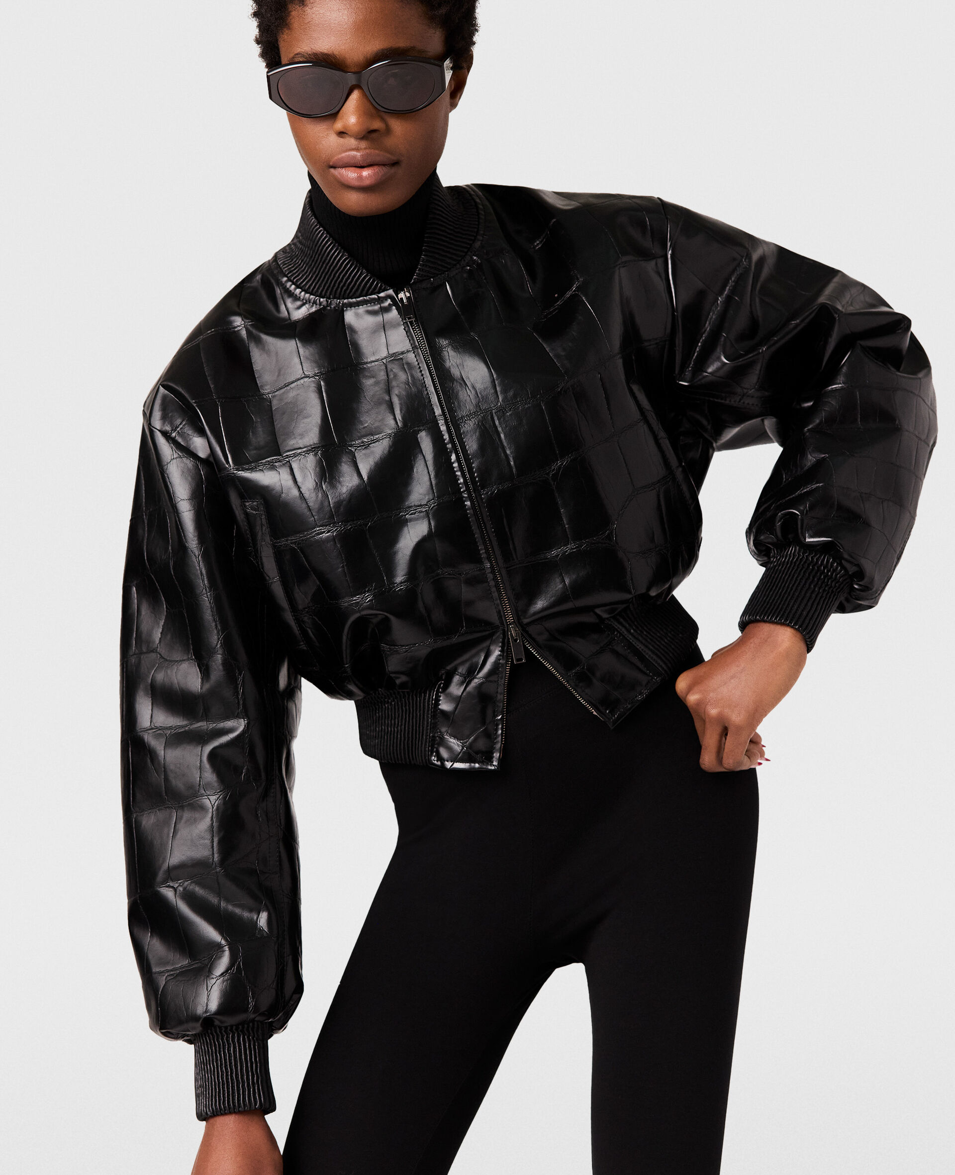 Crocodile-Embossed Cropped Bomber Jacket