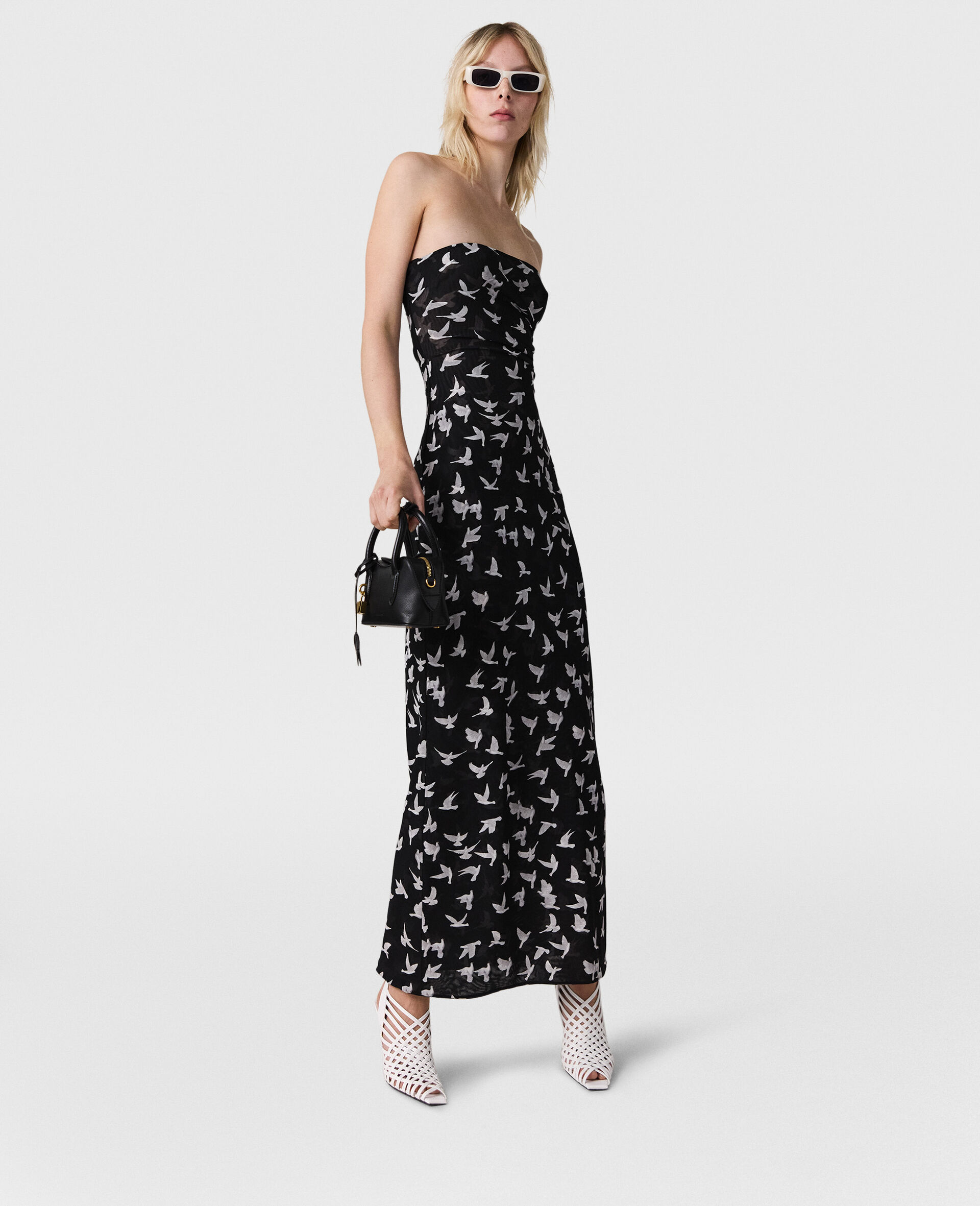 Dove Print Mesh Strapless Midi Dress