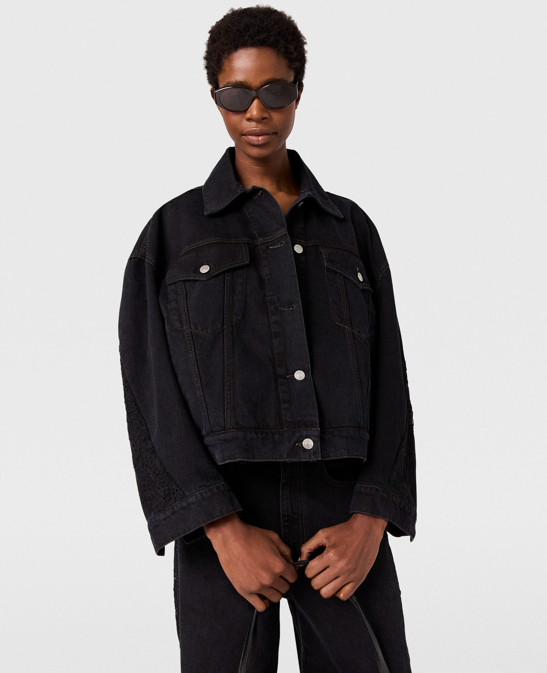 Lace-Insert Paneled Denim Jacket