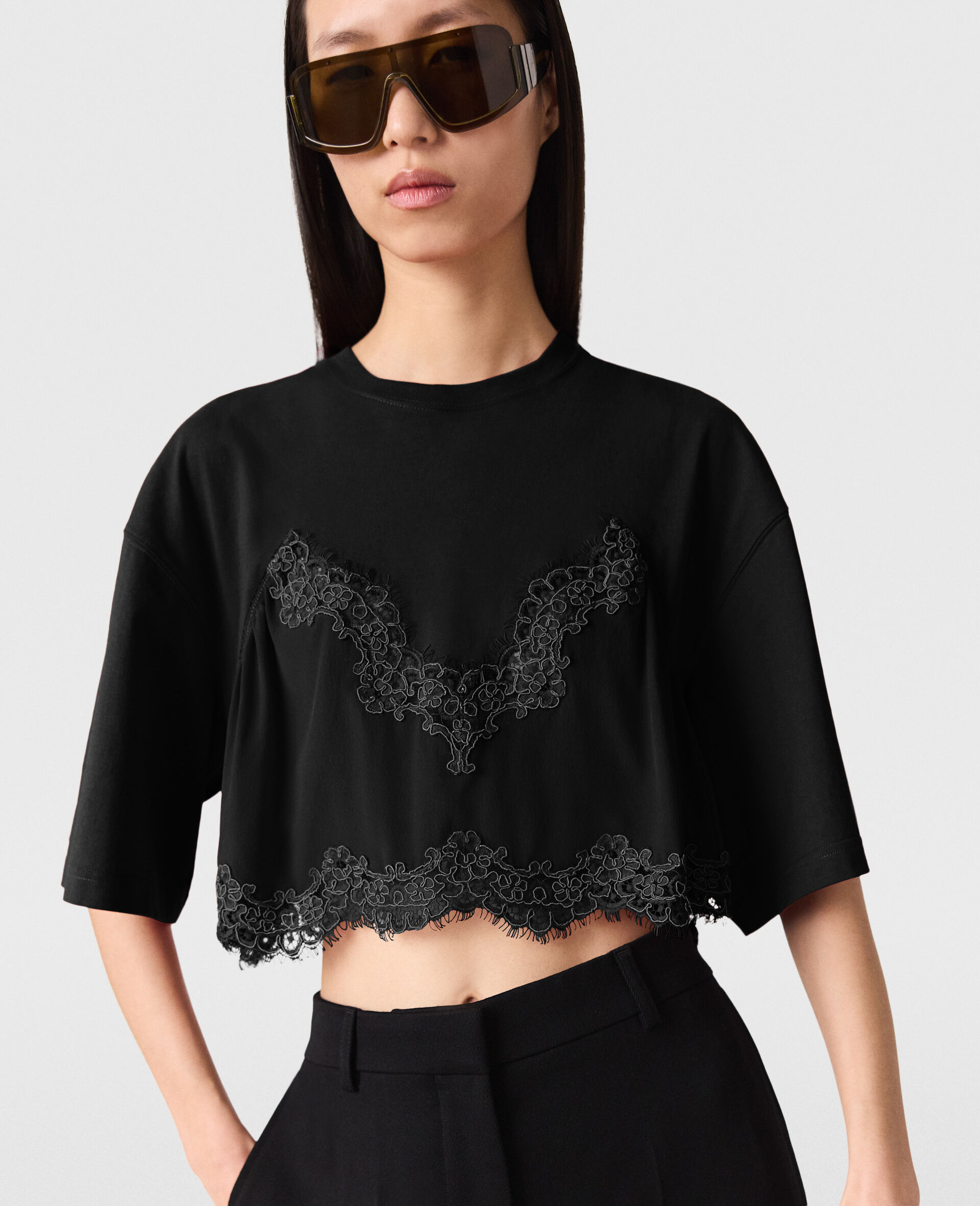 Lace Insert Cropped T-Shirt