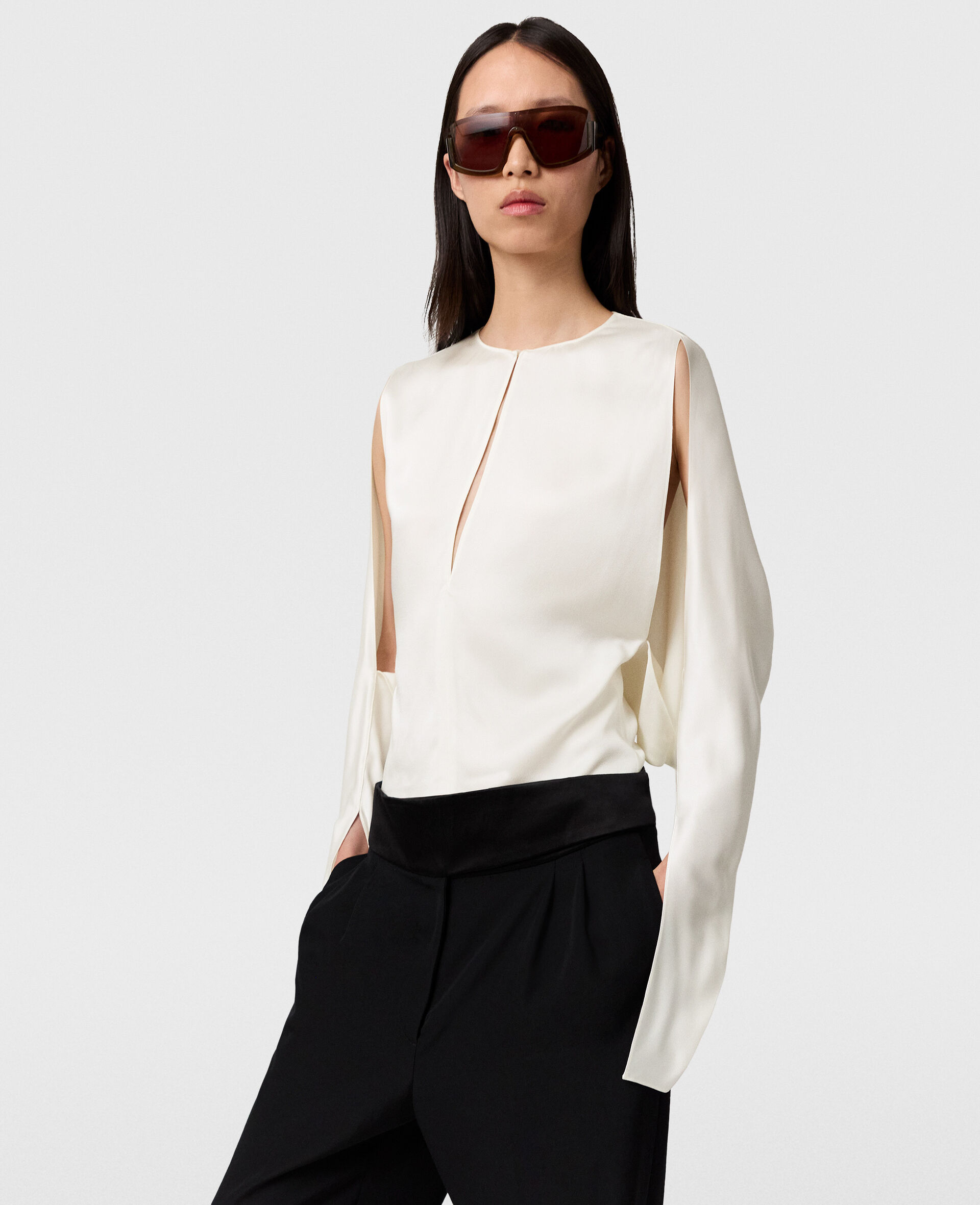 Cape-Sleeve Cut-Out Satin Top