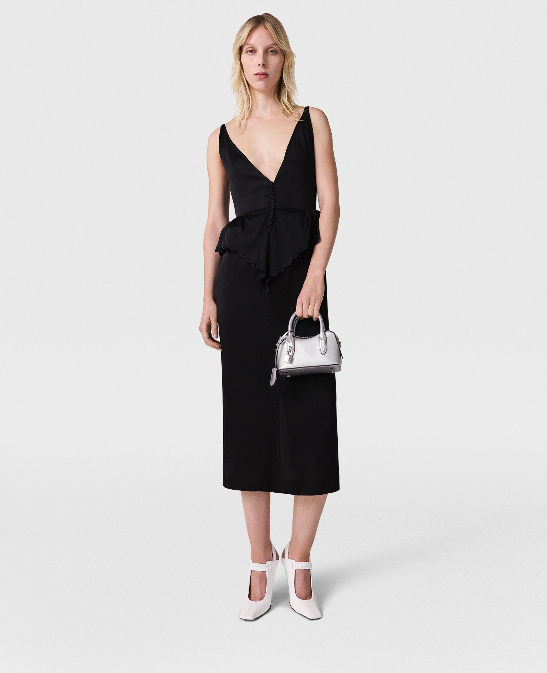 Deep V-Neck Peplum Panel Midi Dress