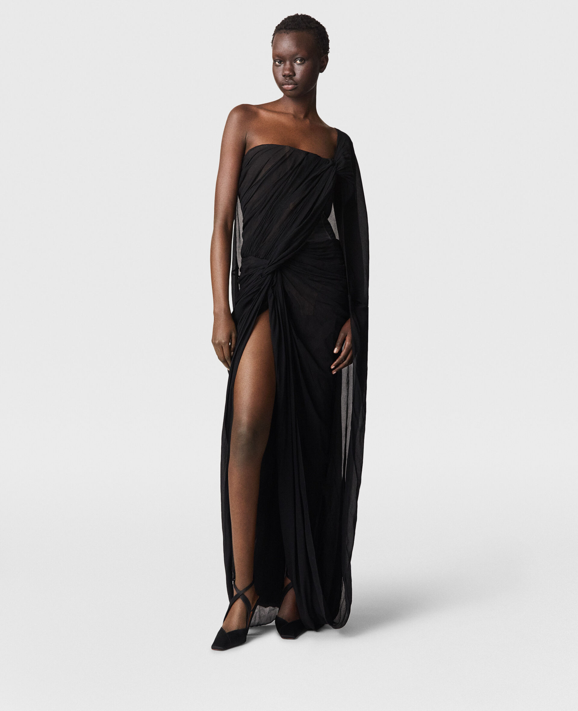 Ruched Knotted Sheer Panel Maxi Dress