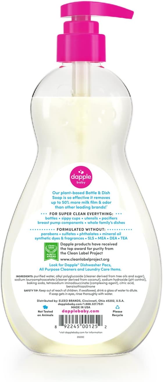Dapple Baby, Bottle and Dish Soap Dish Liquid Plant Based Hypoallergenic 1 Pump Included, Packaging May Vary, Fragrance Free, 16.9 Fl Oz (Pack of 3)