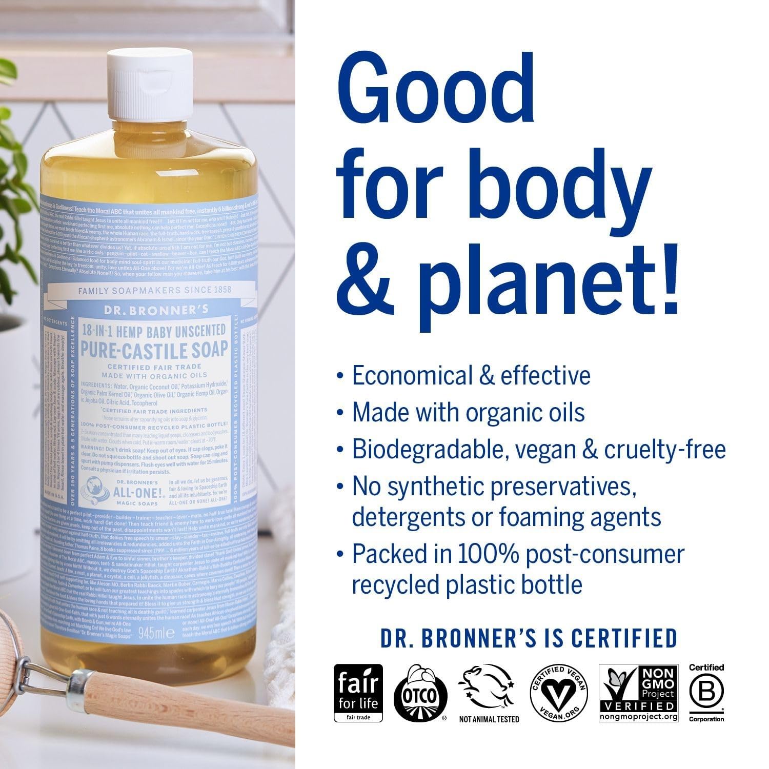 Dr. Bronner's - Pure-Castile Liquid Soap (Baby Unscented, 8 Ounce) - Made with Organic Oils, 18-in-1 Uses: Face, Hair, Laundry, Dishes, For Sensitive Skin, Babies, No Added Fragrance, Vegan, Non-GMO