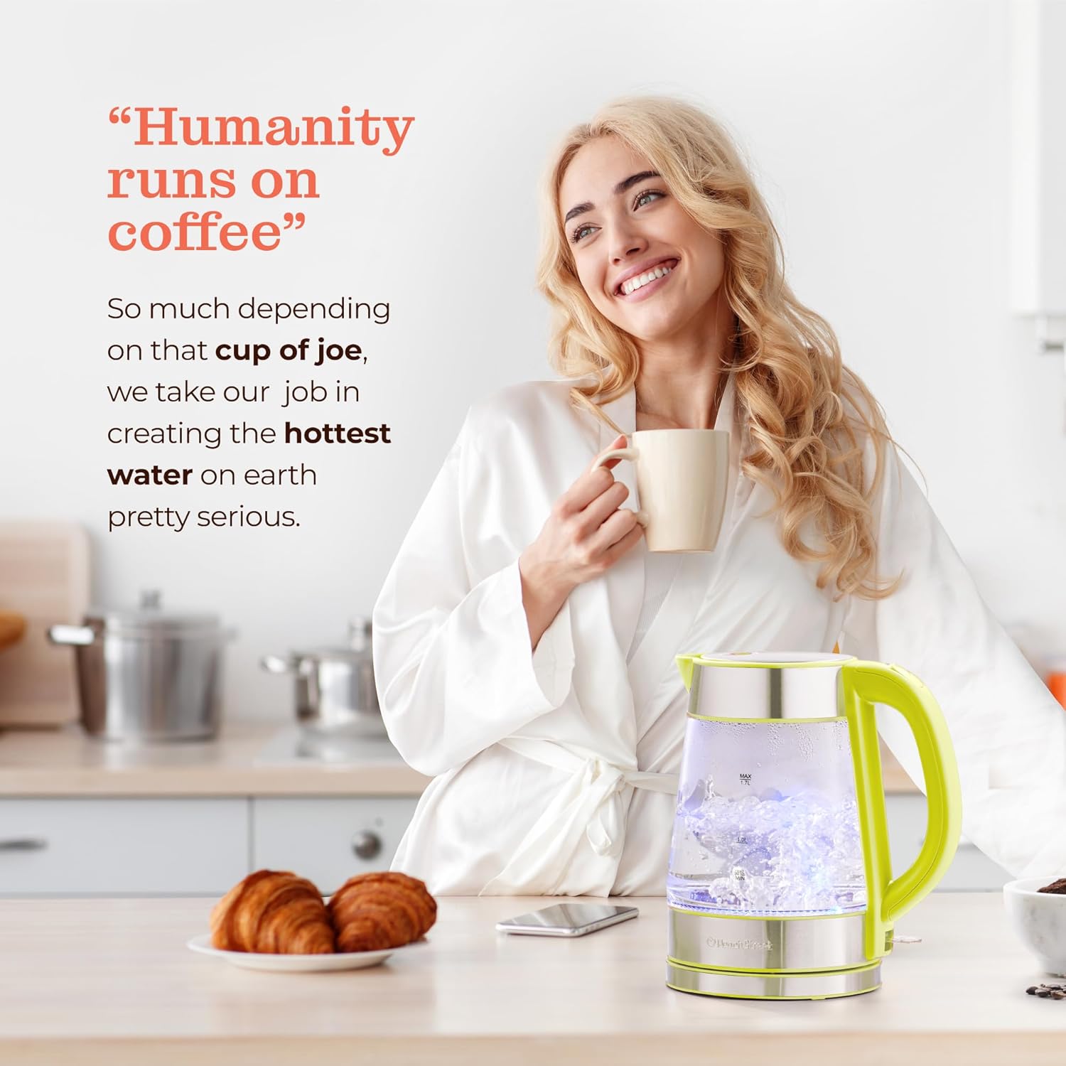 Speed-Boil Electric Kettle For Coffee & Tea - 1.7L Water Boiler 1500W, Borosilicate Glass, Easy Clean Wide Opening, Auto Shut-Off, Cool Touch Handle, LED Light. 360° Rotation, Boil Dry Protection