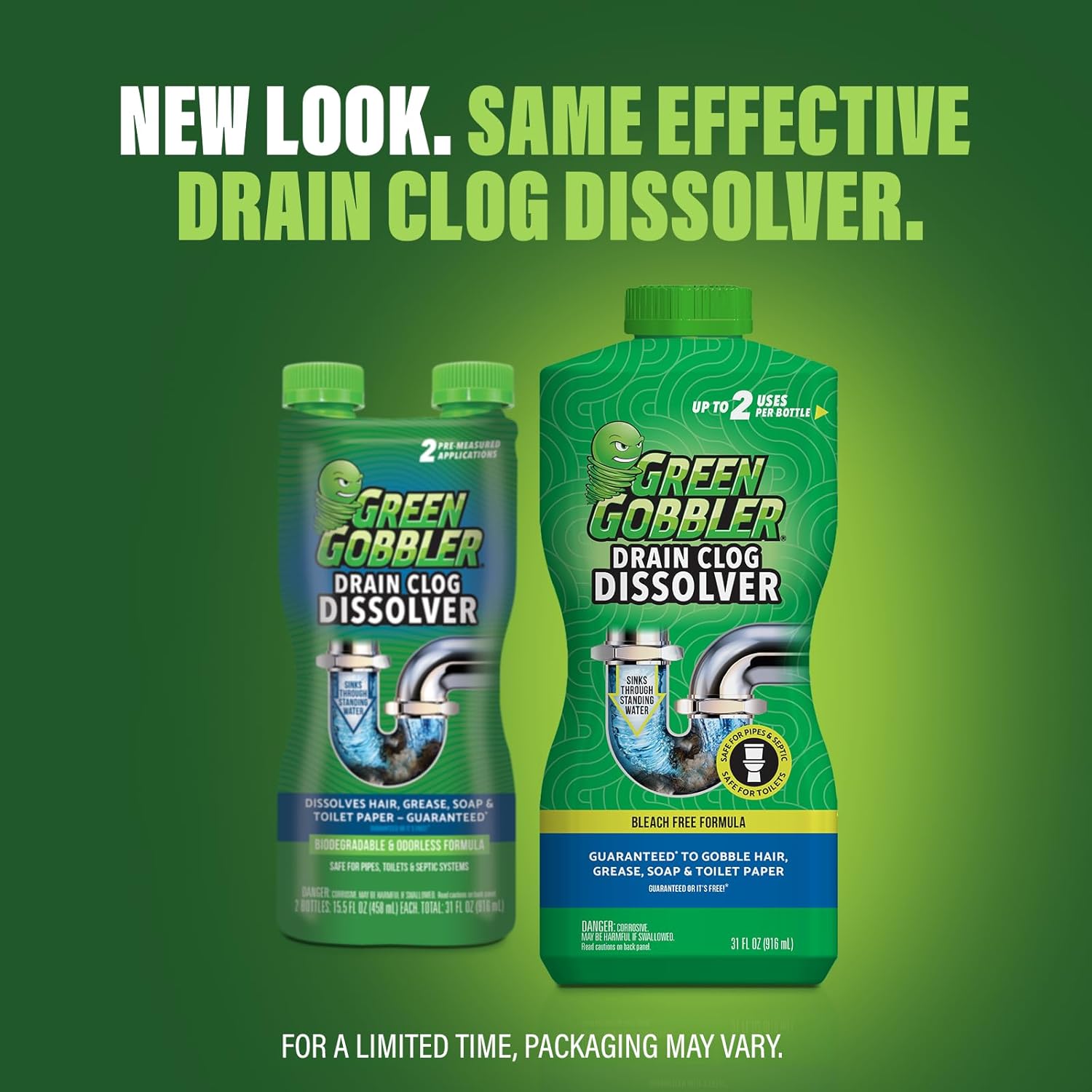 Green Gobbler Drain Clog Remover | Toilet Clog Remover | Dissolve Hair & Organic Materials from Clogged Toilets, Sinks and Drains | Drain Cleaner and Opener, 128 oz