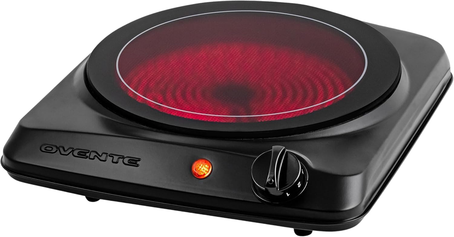 OVENTE Countertop Infrared Single Burner, 1000W Electric Hot Plate with 7” Ceramic Glass Cooktop, 5 Level Temperature Setting & Easy to Clean Base, Compact Stove for Home Dorm Office, Silver BGI101S