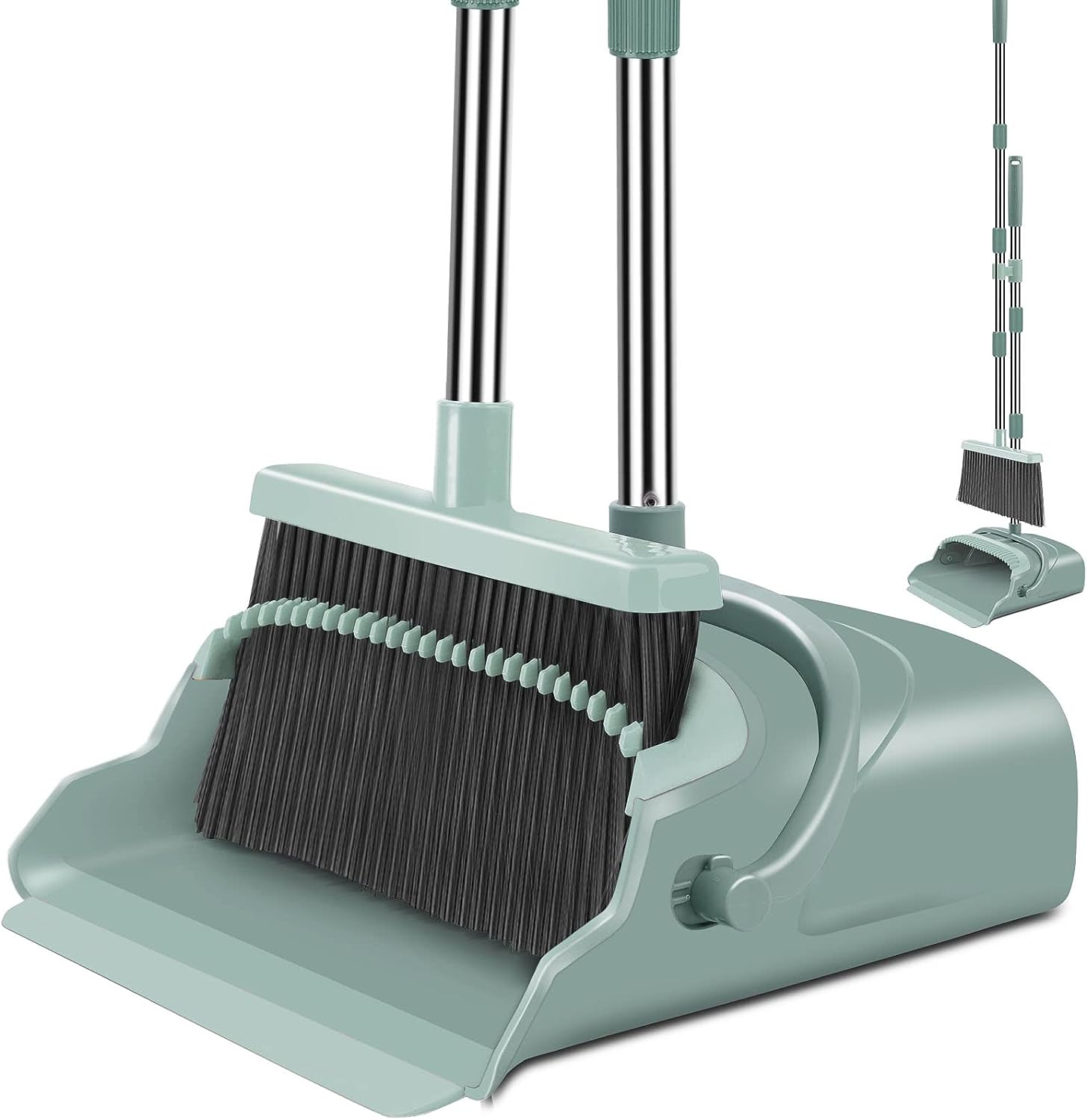kelamayi Upgrade Stand Up Broom and Dustpan Set, Self-Cleaning with Dustpan Teeth, Ideal for Dog Cat Pets Home Use, Super Long Handle (Gray&Orange)