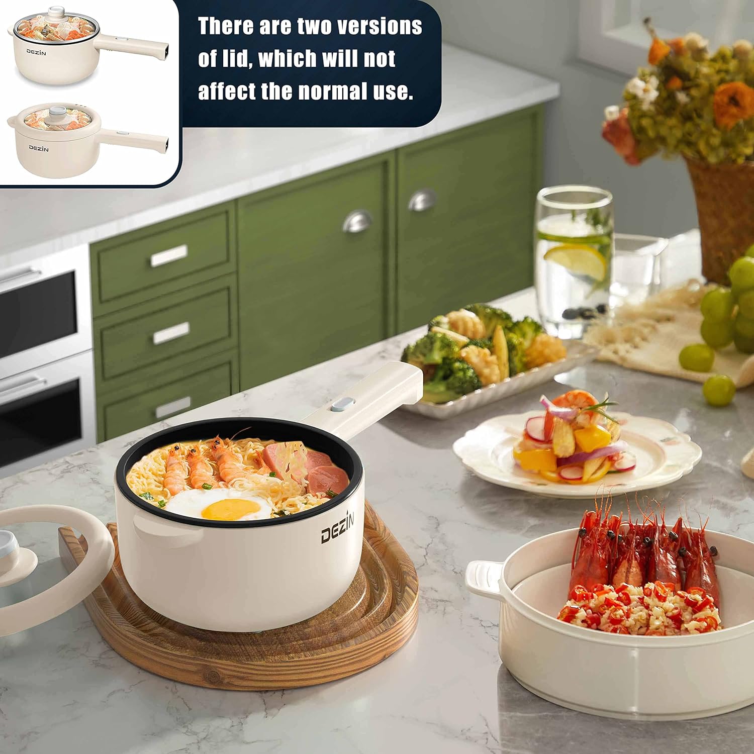 Dezin Electric Cooker, 2L Non-Stick Sauté Pan, Rapid Noodles Cooker, Mini Pot for Ramen with Power Adjustment, Dorm Room Essential (Egg Rack Included)