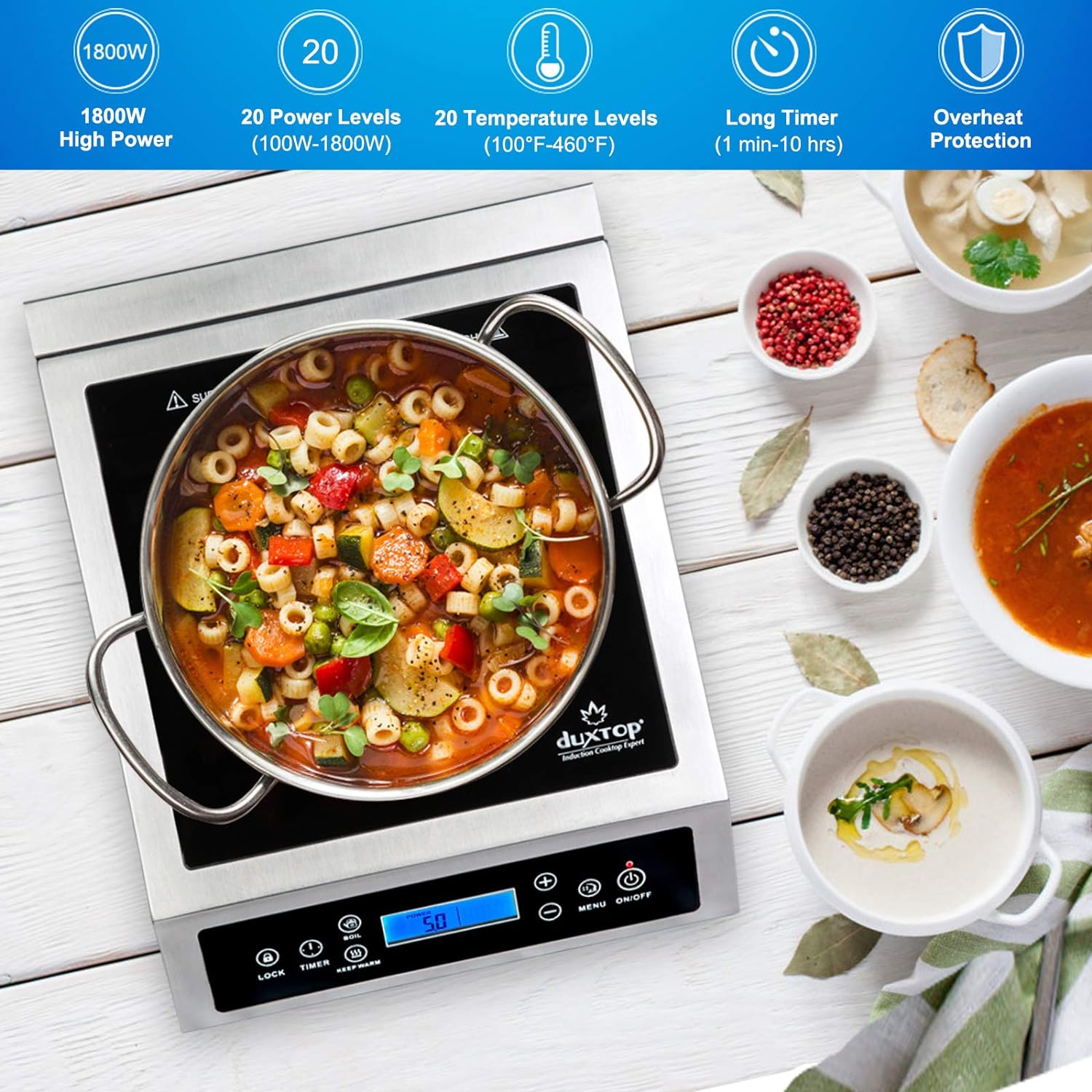 Duxtop Portable Induction Cooktop, Countertop Burner Induction Hot Plate with LCD Sensor Touch 1800 Watts, Silver 9600LS/BT-200DZ