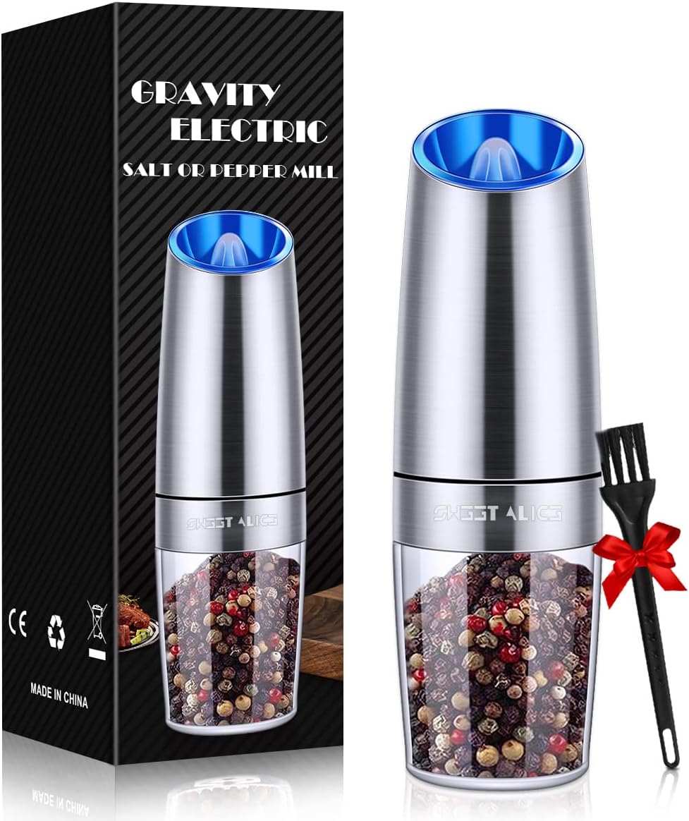 Sweet Alice Gravity Electric Pepper and Salt Grinder Set, Adjustable Coarseness, Battery Powered with LED Light, One Hand Automatic Operation, Stainless Steel Black, 2 Pack