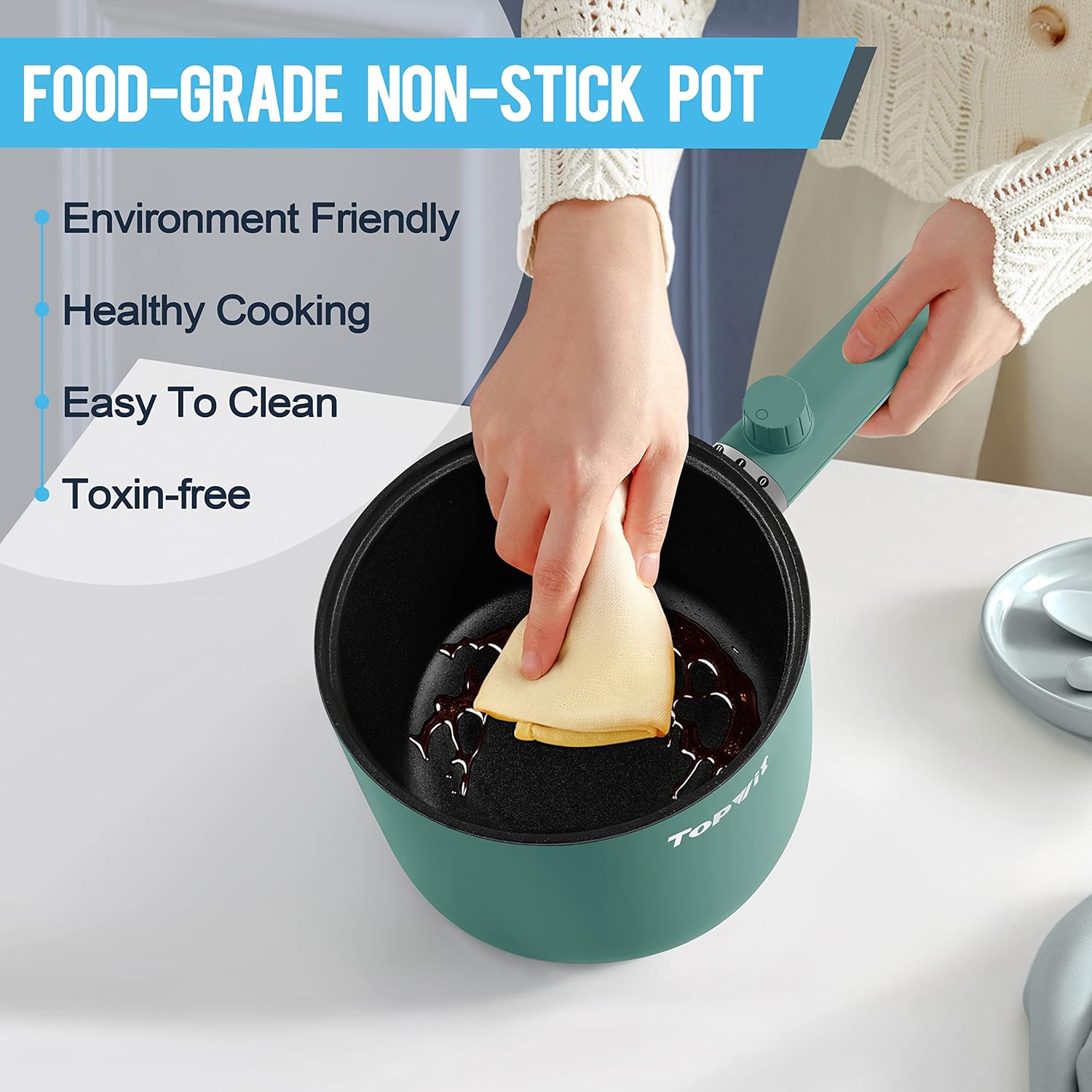 Topwit Hot Pot Electric, 1.5L Ramen Cooker, Portable Non-Stick Frying Pan, Electric Pot for Pasta, Steak, BPA Free, Electric Cooker with Dual Power Control, Over-Heating & Boil Dry Protection, Black