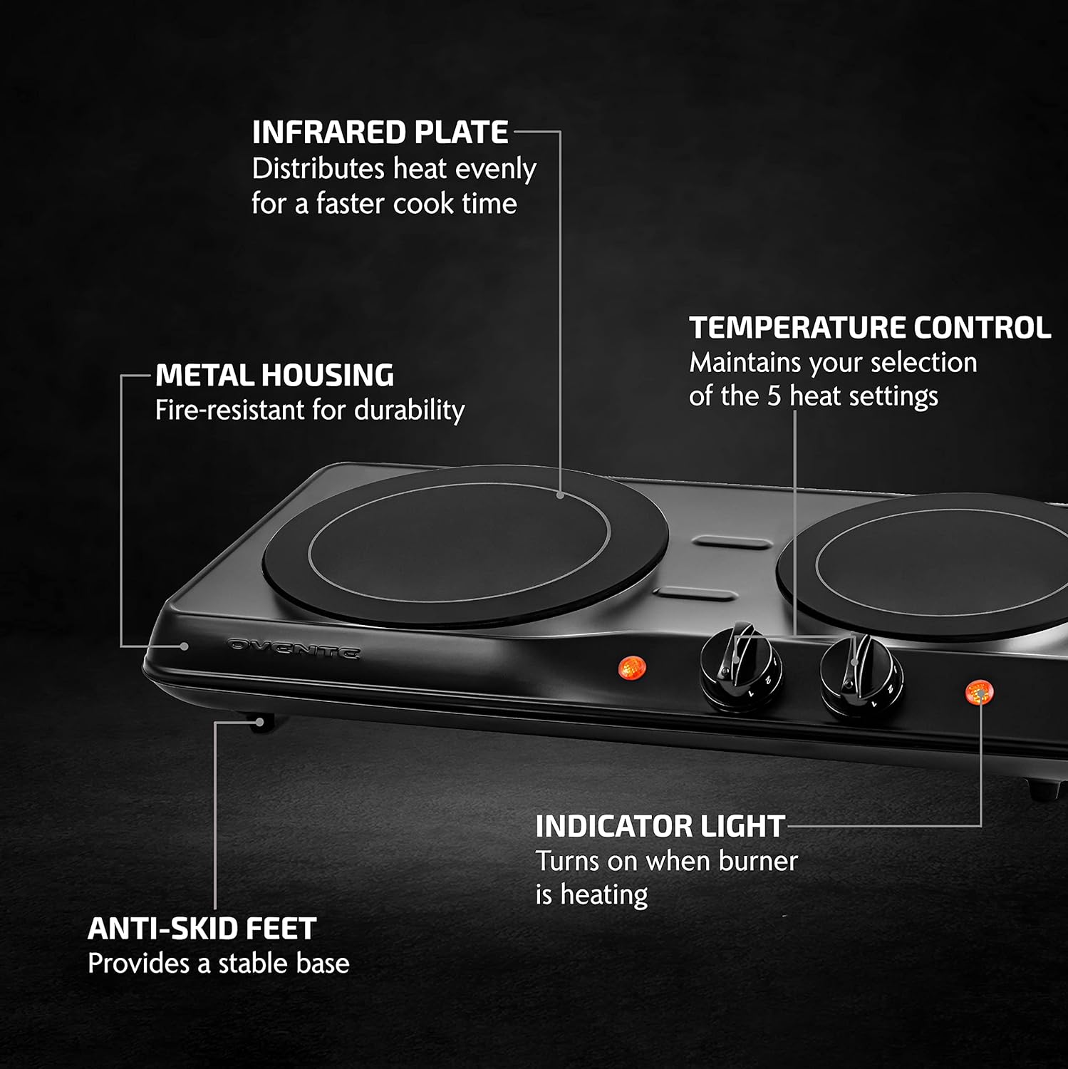 OVENTE Countertop Infrared Single Burner, 1000W Electric Hot Plate with 7” Ceramic Glass Cooktop, 5 Level Temperature Setting & Easy to Clean Base, Compact Stove for Home Dorm Office, Silver BGI101S