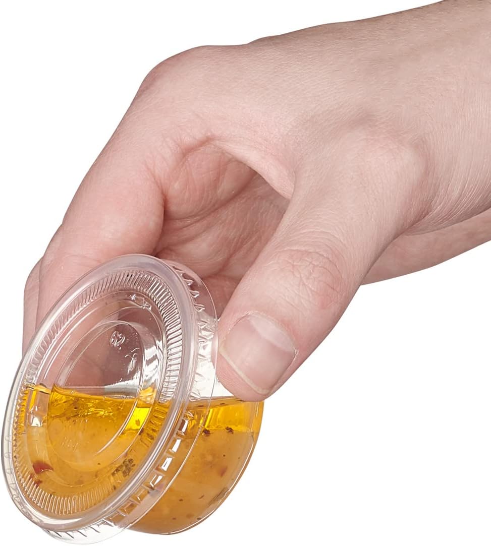 Comfy Package [2 oz. - 100 Count Clear Disposable Plastic Portion Cups with Lids - Soufflé Cups, Jello Shot Cups With Lids, Clear Plastic Containers Perfect for salad Dressing and More
