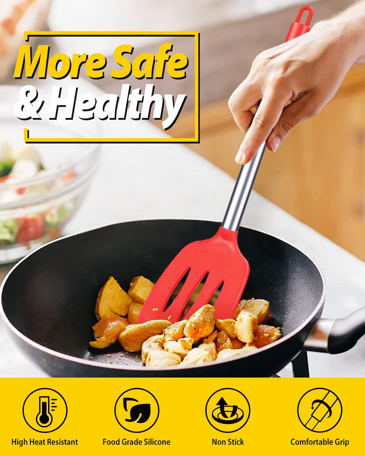 Pack of 2 Silicone Solid Turner,Non Stick Slotted Kitchen Spatulas,High Heat Resistant BPA Free Cooking Utensils,Ideal Cookware for Fish,Eggs,Pancakes (Black)