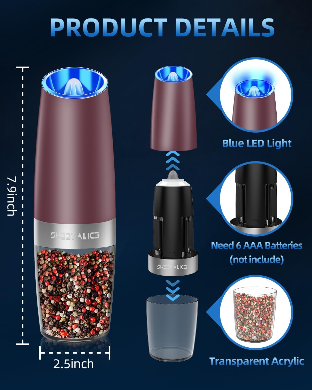 Sweet Alice Gravity Electric Pepper and Salt Grinder Set, Adjustable Coarseness, Battery Powered with LED Light, One Hand Automatic Operation, Stainless Steel Black, 2 Pack