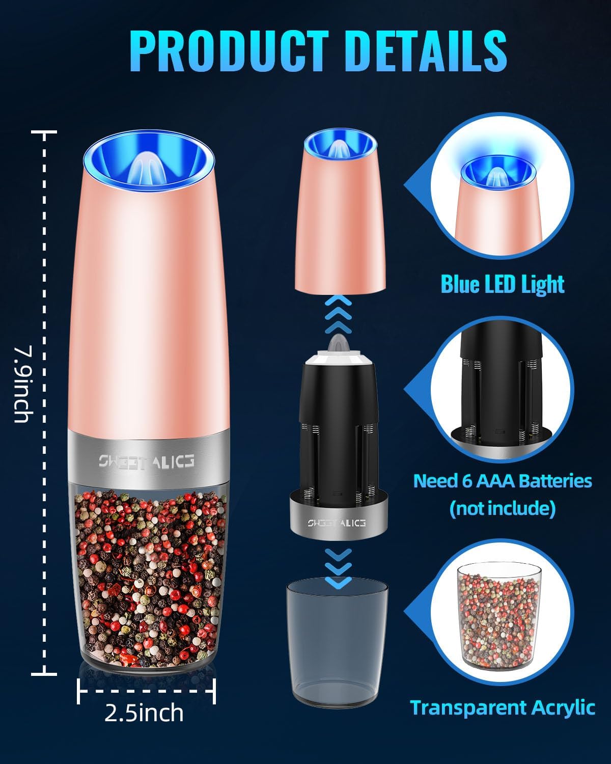 Sweet Alice Gravity Electric Pepper and Salt Grinder Set, Adjustable Coarseness, Battery Powered with LED Light, One Hand Automatic Operation, Stainless Steel Black, 2 Pack