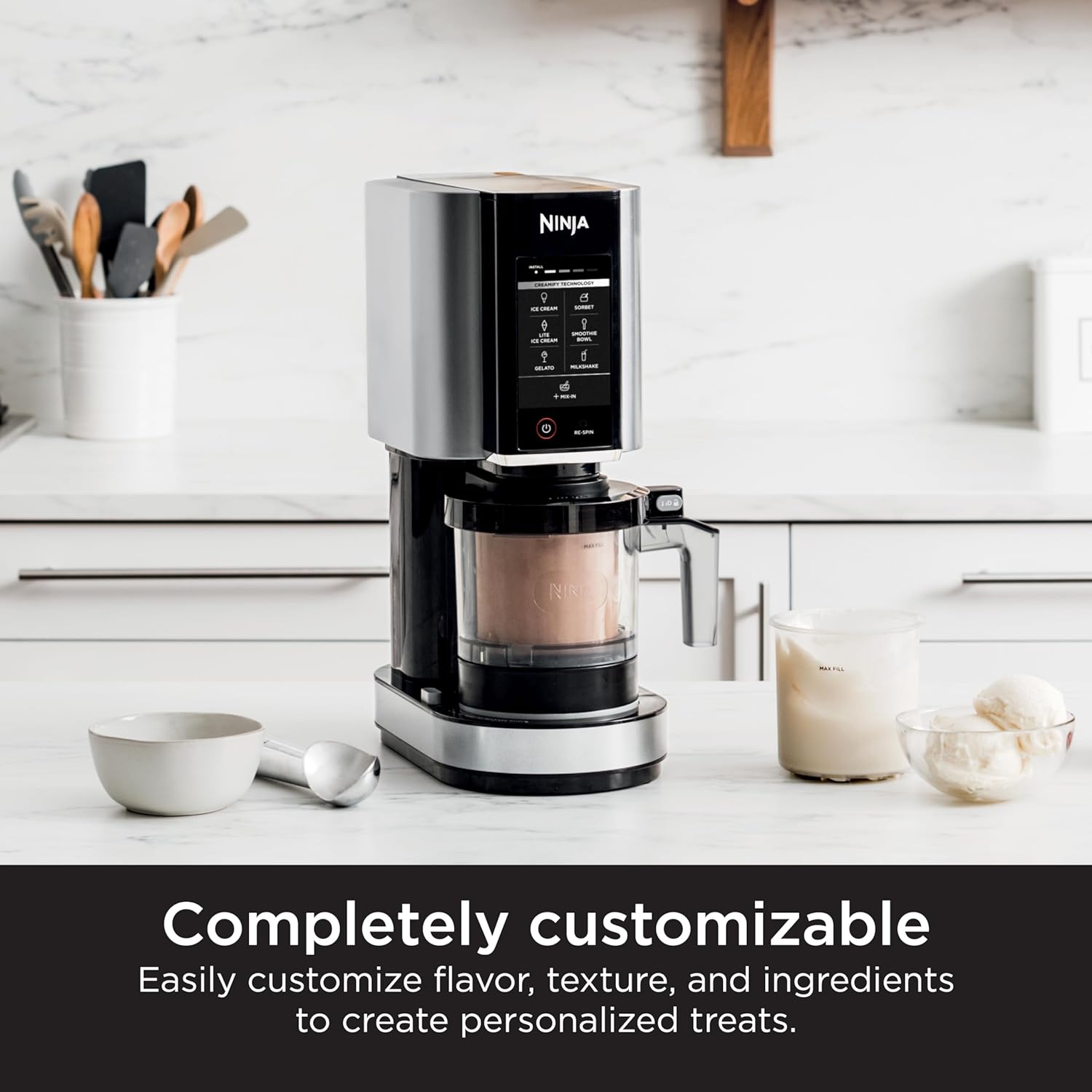 Ninja CREAMi, Ice Cream Maker, Ice Cream, Gelato, Sorbet ,Milkshakes, Mix-ins, Smoothie Bowls & More, 7-in-1, Ice Cream Pints, Pint lid, Healthy Ice Cream, Compact, Perfect for Kids, Black, NC299AMZ