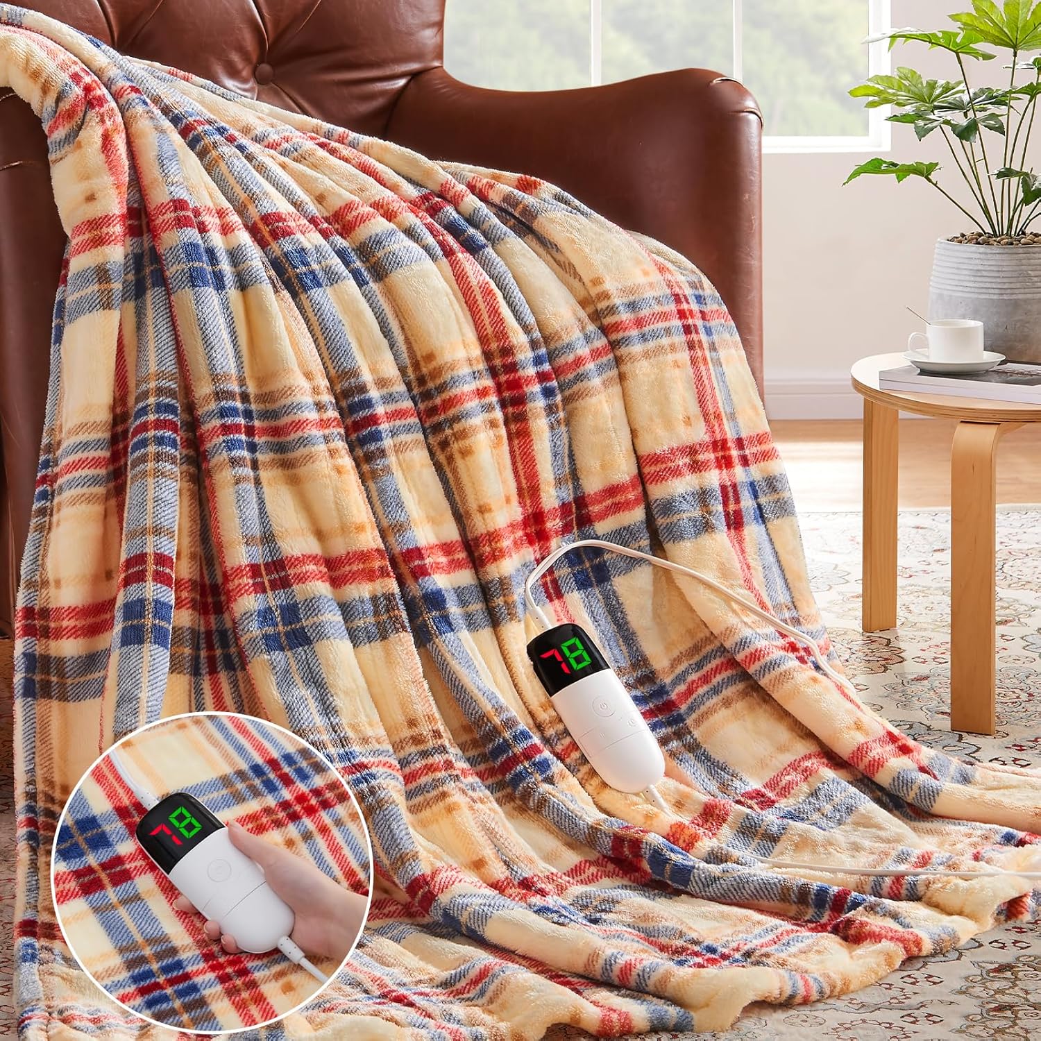 Heated Blanket Electric Throw, 50X60, Heating Throw with 10 Heating Levels/8 Hours Auto Off, Navy Blue Plaid Checkered Sherpa Blanket Warmer for Adults, Washable Blanket Gift for Couch Bed Office, ETL