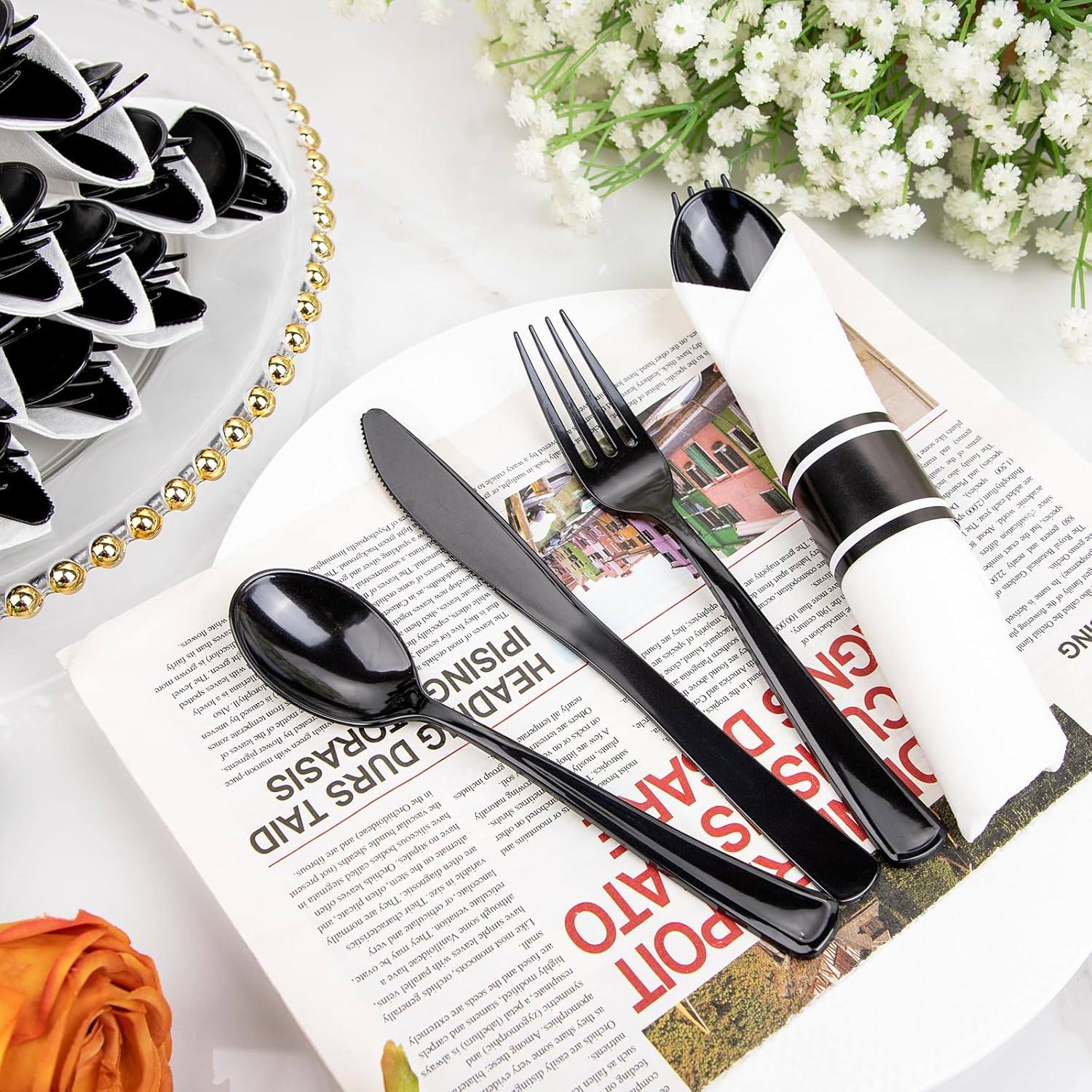 Supernal 60 Pack Pre Rolled Napkins with Gold Plastic Silverware, Premium Disposable Gold Wrapped Cutlery Set Includes: 60 Forks 60 Knives 60 Spoons 60 Napkin for Party