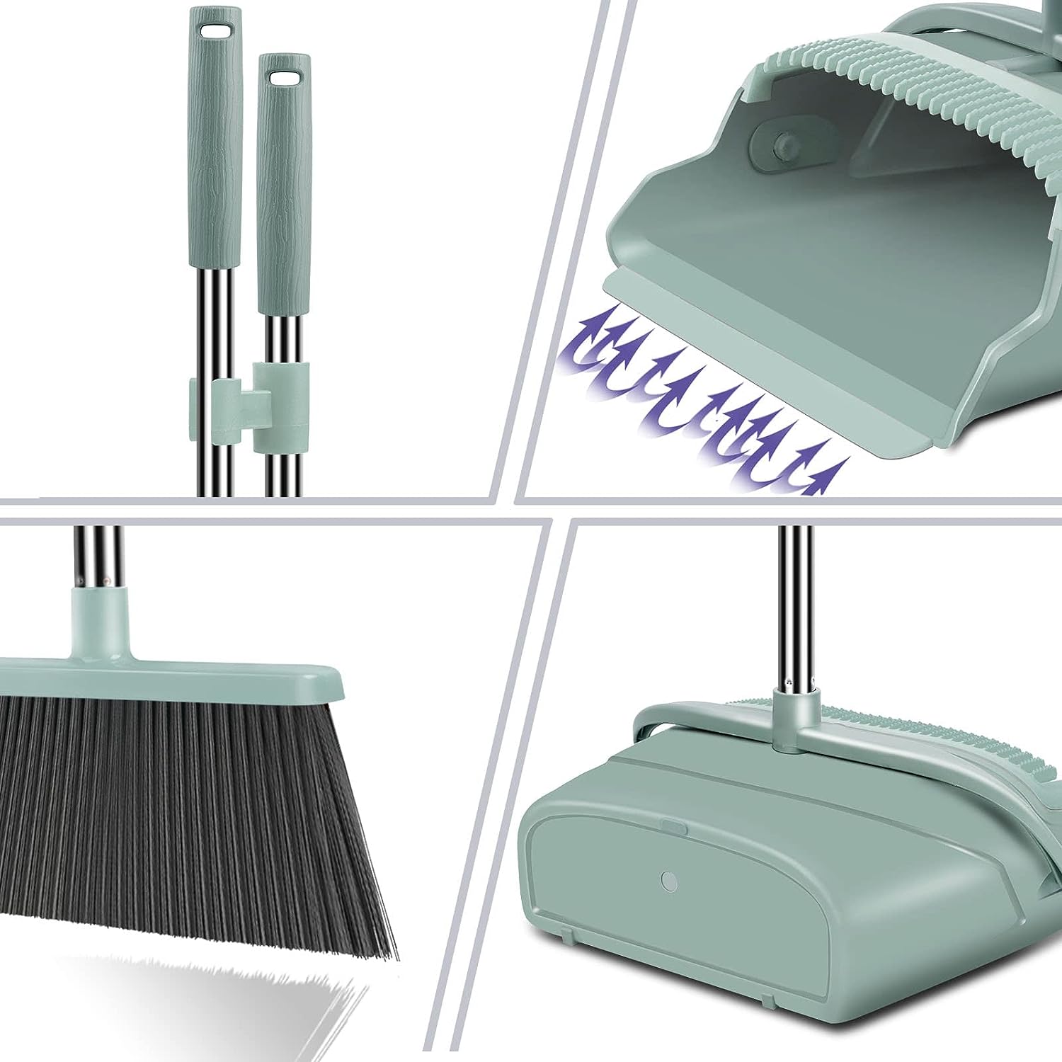kelamayi Upgrade Stand Up Broom and Dustpan Set, Self-Cleaning with Dustpan Teeth, Ideal for Dog Cat Pets Home Use, Super Long Handle (Gray&Orange)