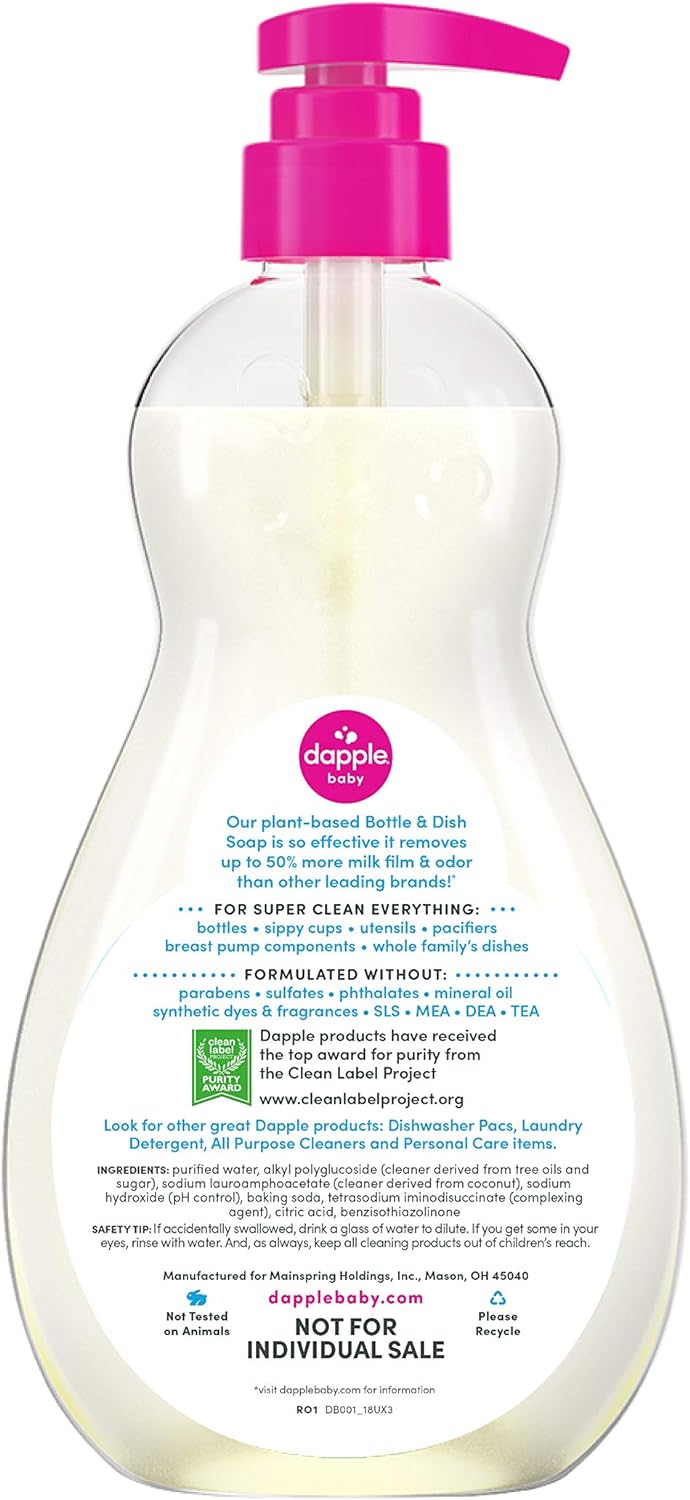 Dapple Baby, Bottle and Dish Soap Dish Liquid Plant Based Hypoallergenic 1 Pump Included, Packaging May Vary, Fragrance Free, 16.9 Fl Oz (Pack of 3)