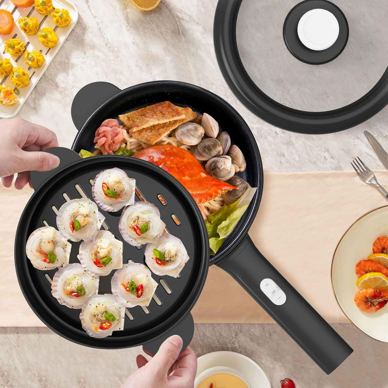 Dezin Electric Cooker, 2L Non-Stick Sauté Pan, Rapid Noodles Cooker, Mini Pot for Ramen with Power Adjustment, Dorm Room Essential (Egg Rack Included)
