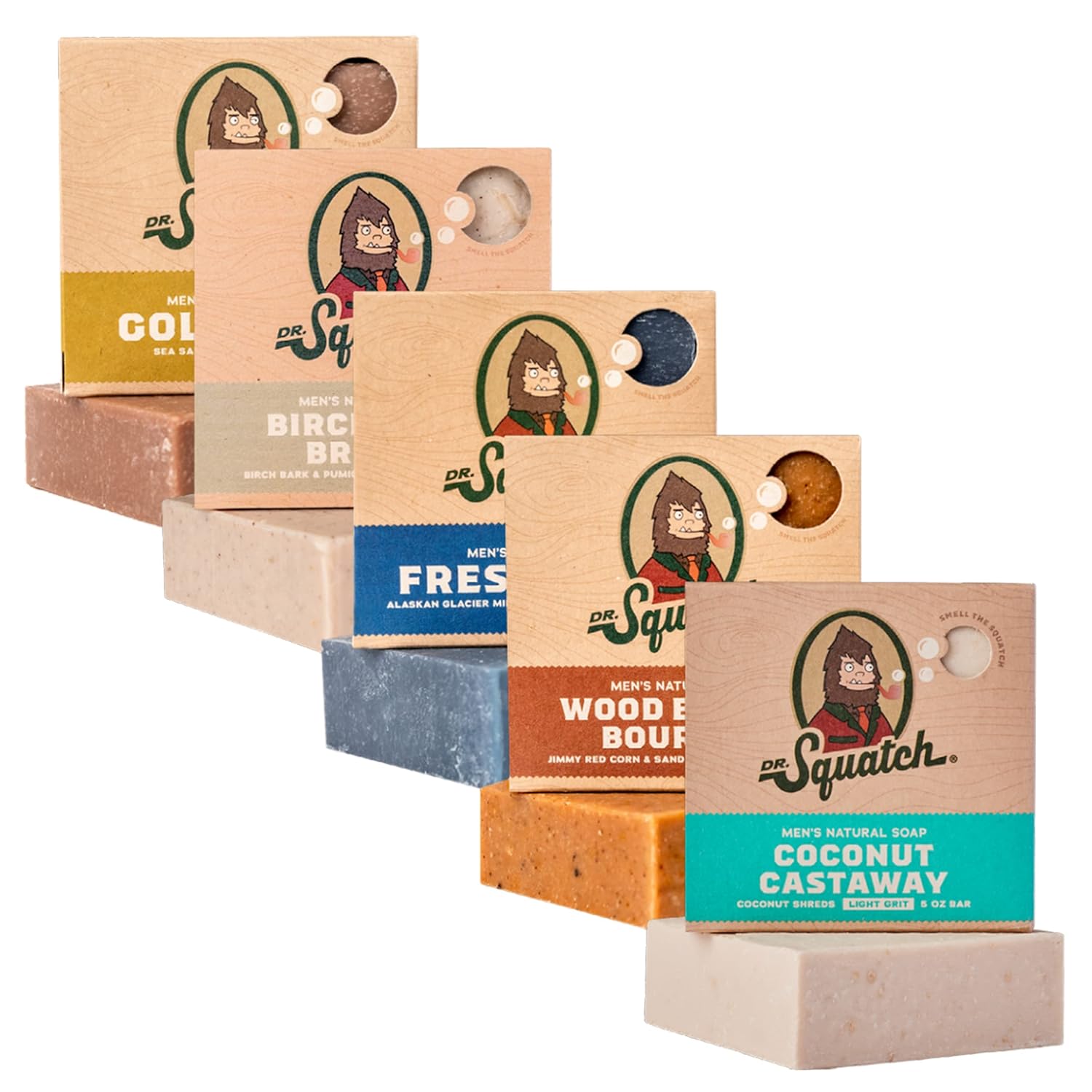 Dr. Squatch All Natural Bar Soap for Men, 5 Bar Variety Pack - Men's Natural Bar Soap - Rainforest Rapids, Coconut Castaway, Fresh Falls, Summer Citrus, and Eucalyptus Greek Yogurt - Soap Gift