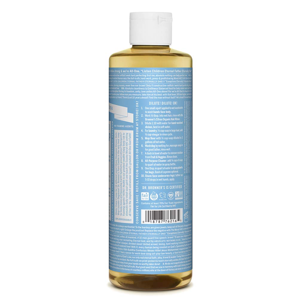 Dr. Bronner's - Pure-Castile Liquid Soap (Baby Unscented, 8 Ounce) - Made with Organic Oils, 18-in-1 Uses: Face, Hair, Laundry, Dishes, For Sensitive Skin, Babies, No Added Fragrance, Vegan, Non-GMO
