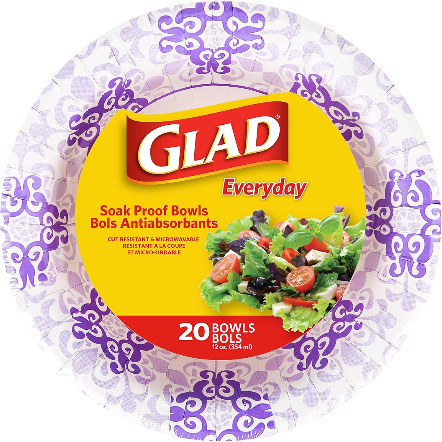 Glad Paper Bowls With Purple Victorian Design, 20Count | Disposable Paper Bowls for Parties & Picnics In Victorian Print | Microwave Safe Disposable Purple & White Bowls