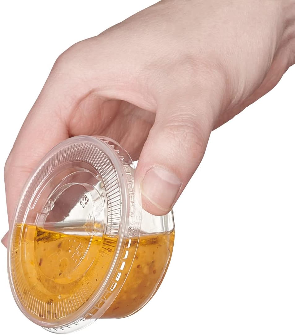 Comfy Package [2 oz. - 100 Count Clear Disposable Plastic Portion Cups with Lids - Soufflé Cups, Jello Shot Cups With Lids, Clear Plastic Containers Perfect for salad Dressing and More