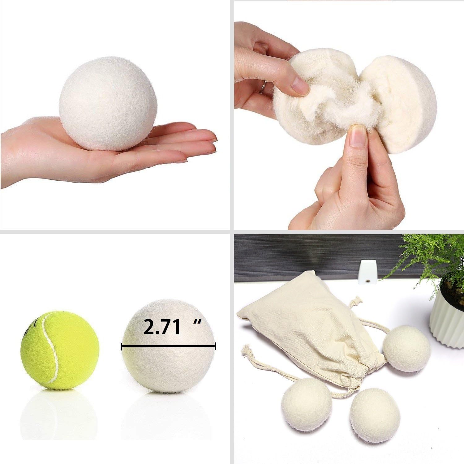 6 Pack All Natural Organic Wool Dryer Balls XL Size - Reusable Chemical Free Natural Fabric Softener, Anti Static, Reduces Clothing Wrinkles and Saves Drying Time