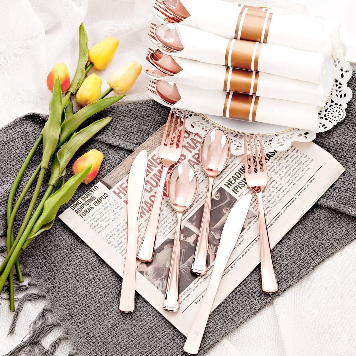 Supernal 60 Pack Pre Rolled Napkins with Gold Plastic Silverware, Premium Disposable Gold Wrapped Cutlery Set Includes: 60 Forks 60 Knives 60 Spoons 60 Napkin for Party
