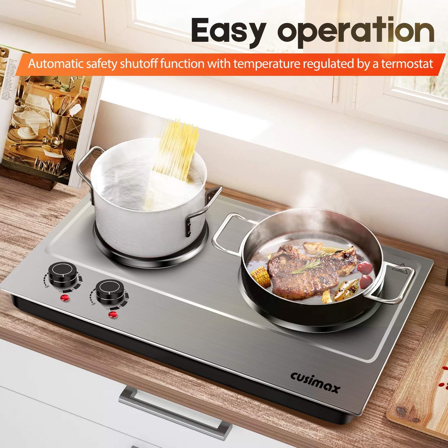 CUSIMAX 1800W Ceramic Electric Hot Plate for Cooking, Dual Control Infrared Cooktop, Double Burner, Portable Countertop Burner, Glass Plate Electric Cooktop, Silver, Stainless Steel-Upgraded Version