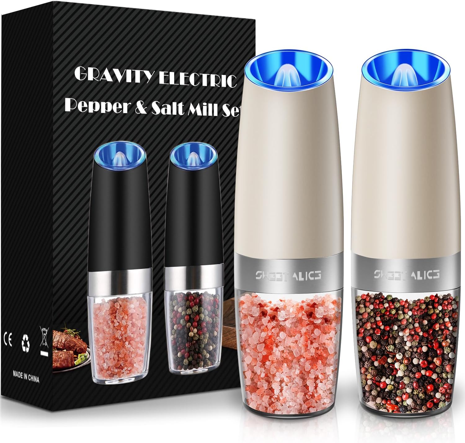 Sweet Alice Gravity Electric Pepper and Salt Grinder Set, Adjustable Coarseness, Battery Powered with LED Light, One Hand Automatic Operation, Stainless Steel Black, 2 Pack