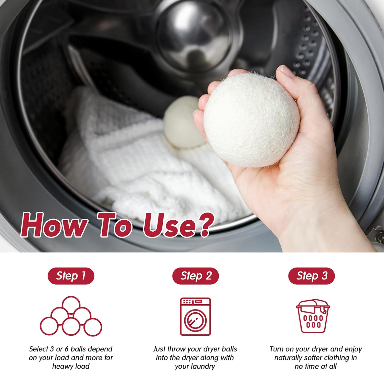 6 Pack All Natural Organic Wool Dryer Balls XL Size - Reusable Chemical Free Natural Fabric Softener, Anti Static, Reduces Clothing Wrinkles and Saves Drying Time