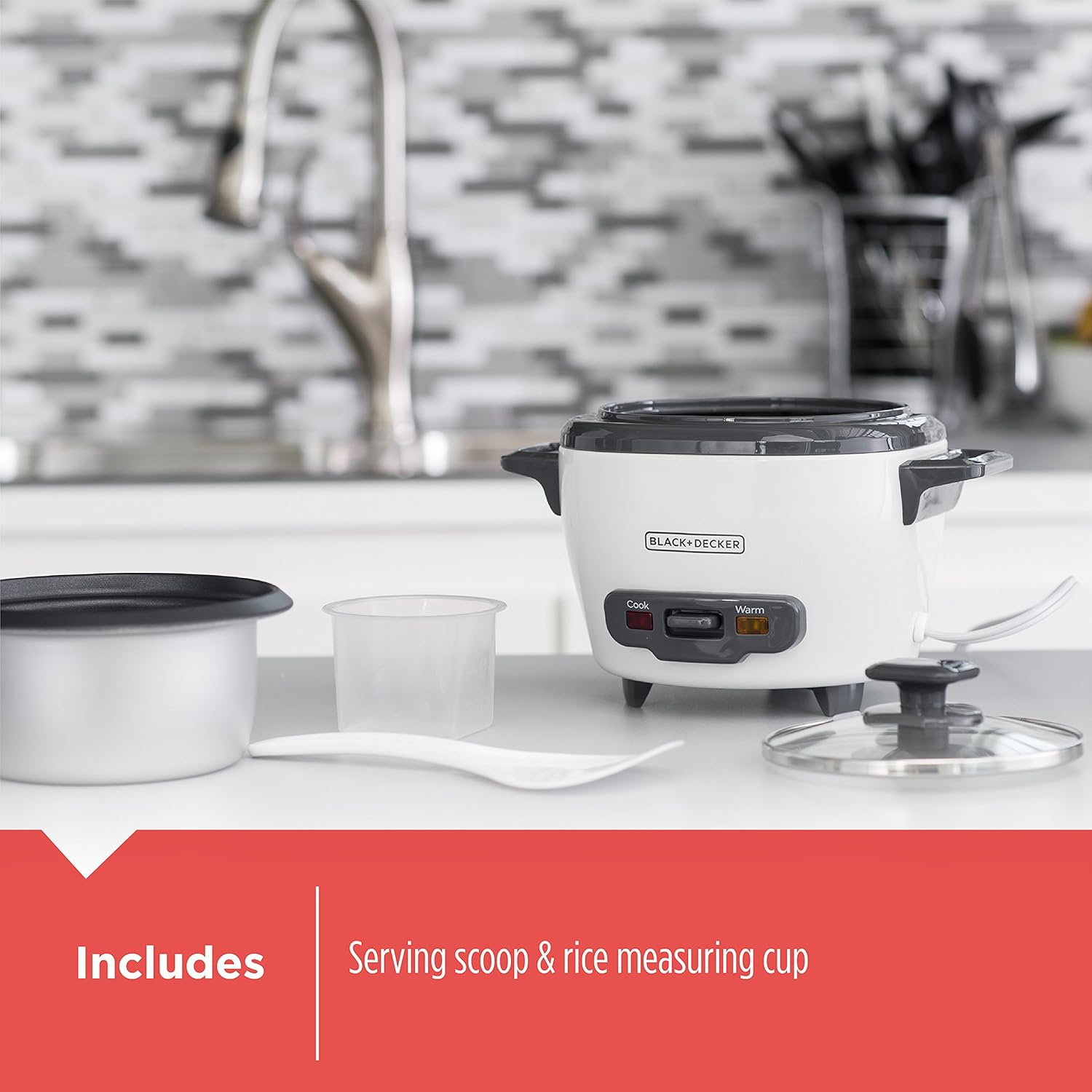 BLACK+DECKER 6-Cup Rice Cooker, RC506, 3-cup Uncooked Rice, Steaming Basket, Removable Non-Stick Bowl, One Touch