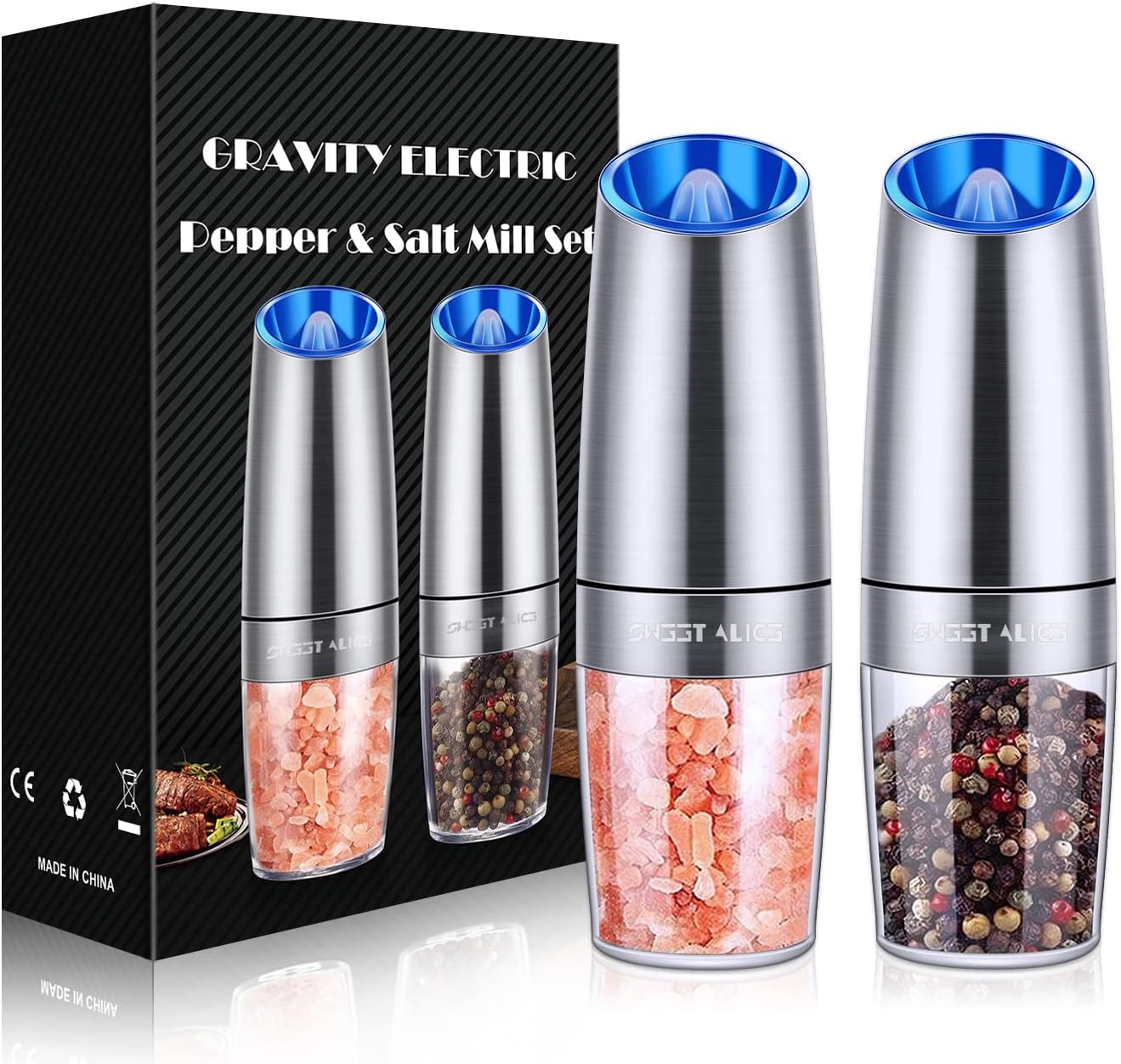 Sweet Alice Gravity Electric Pepper and Salt Grinder Set, Adjustable Coarseness, Battery Powered with LED Light, One Hand Automatic Operation, Stainless Steel Black, 2 Pack