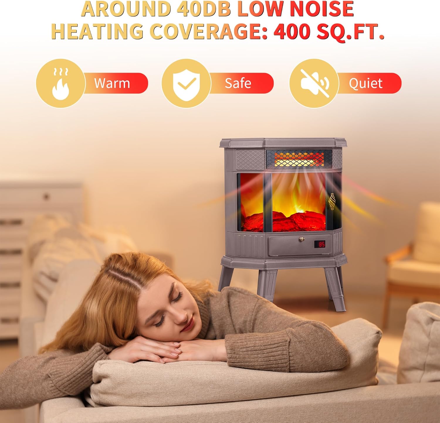 RealSmart Electric Fireplace Heater 22 in Freestanding Fireplace Stove Infrared Fireplace with 3D Flame Effect Remoted Control, Timer, Overheating Protection (Gray)