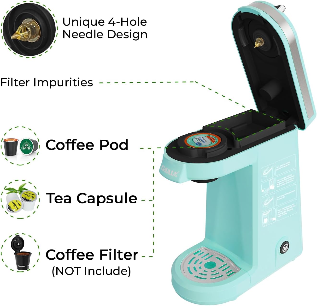 CHULUX Single Serve Coffee Maker for K Capsule and Ground Coffee, Single Cup Coffee Machine, Black