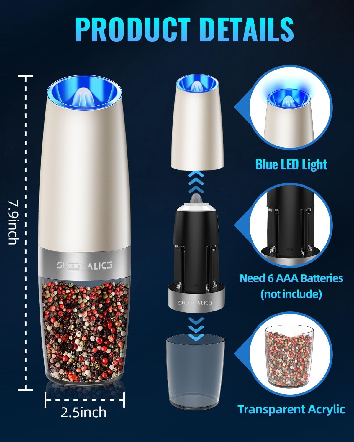 Sweet Alice Gravity Electric Pepper and Salt Grinder Set, Adjustable Coarseness, Battery Powered with LED Light, One Hand Automatic Operation, Stainless Steel Black, 2 Pack